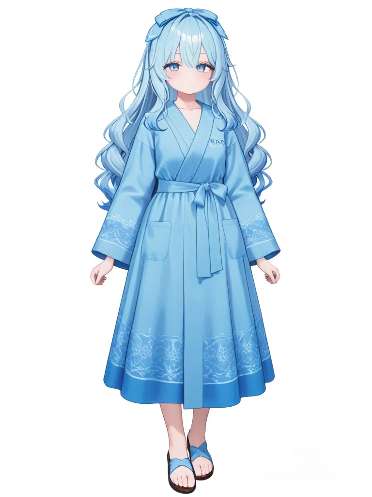 [3d-anime-style] 1girl, teenager, blue hair, wavy hair, long hair, blue eyes, fair skin, robe bleu motifs mer, headband bleu pastel, regarde le publique a la mer un matin, single character, full body, looking at viewer, anime style, simple background, white background