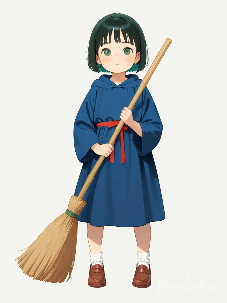 1girl, child, studio ghibli style, black_hair, straight_hair, short_hair, green_eyes, fair_skin, navy_blue_robe, red_ribbon_(hair), riding_broom, orange_radio_on_broom, in_the_sky, single character, full body, looking at viewer, simple background, white background