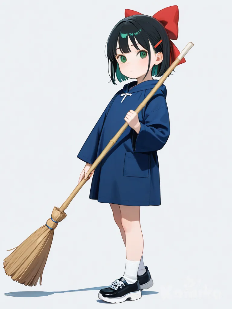 1girl, black_hair, straight_hair, short_hair, green_eyes, fair_skin, child, navy_blue_robe, red_hair_bow, riding_magic_broom, broom_with_red_radio_ornament, studio_ghibli_style, single_character, full_body, looking_at_viewer, simple_background, white_background