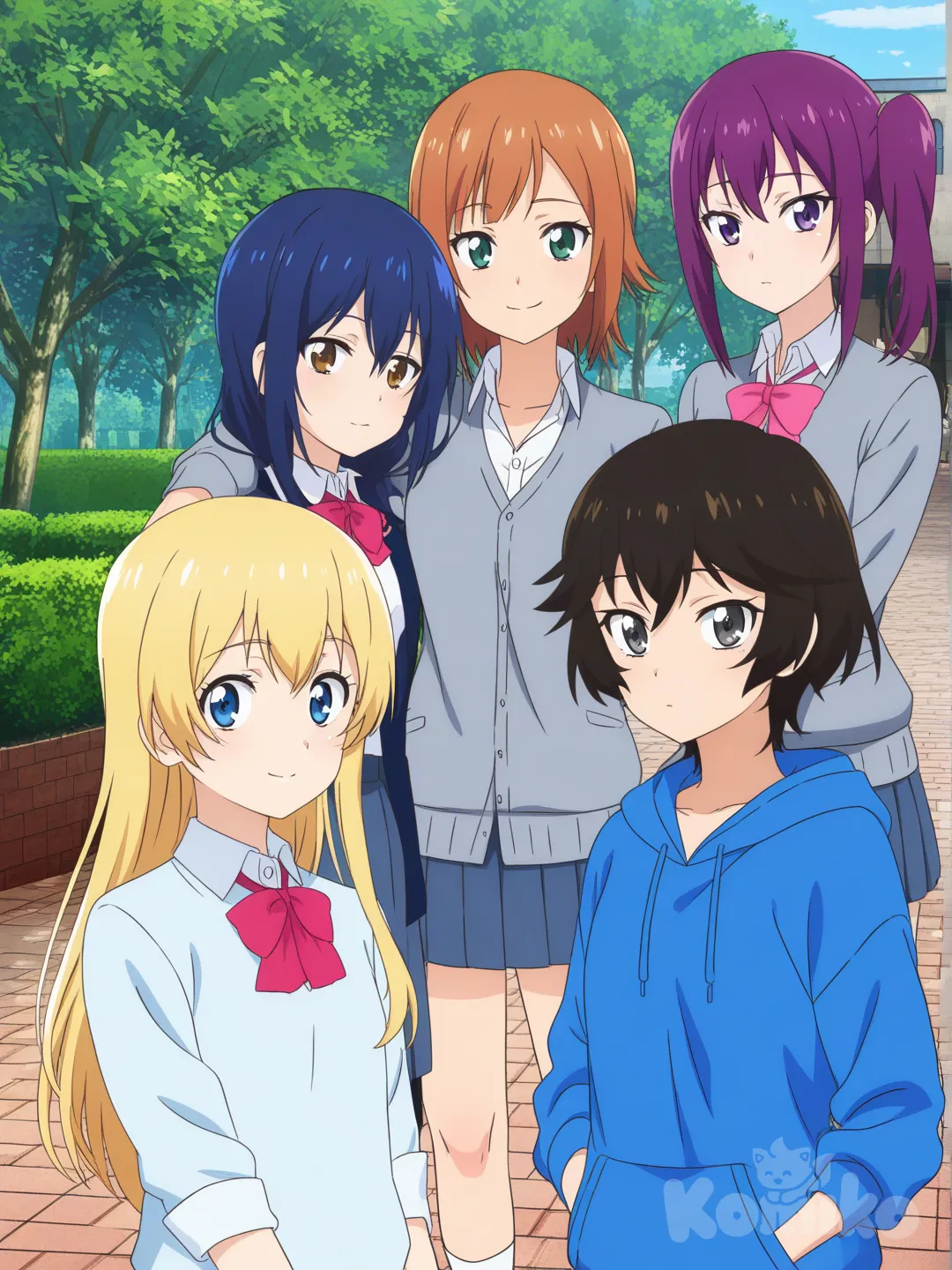 [pop-anime-style] 5girls, cartoon, teenager, scrawny, purple_hair, brown_hair, blonde_hair, blue_hair, black_hair, blue_eyes, brown_eyes, purple_eyes, green_eyes, gray_eyes, fair_skin, blue_hoodie, school_uniform, park, full_body, looking_at_viewer, simple_background