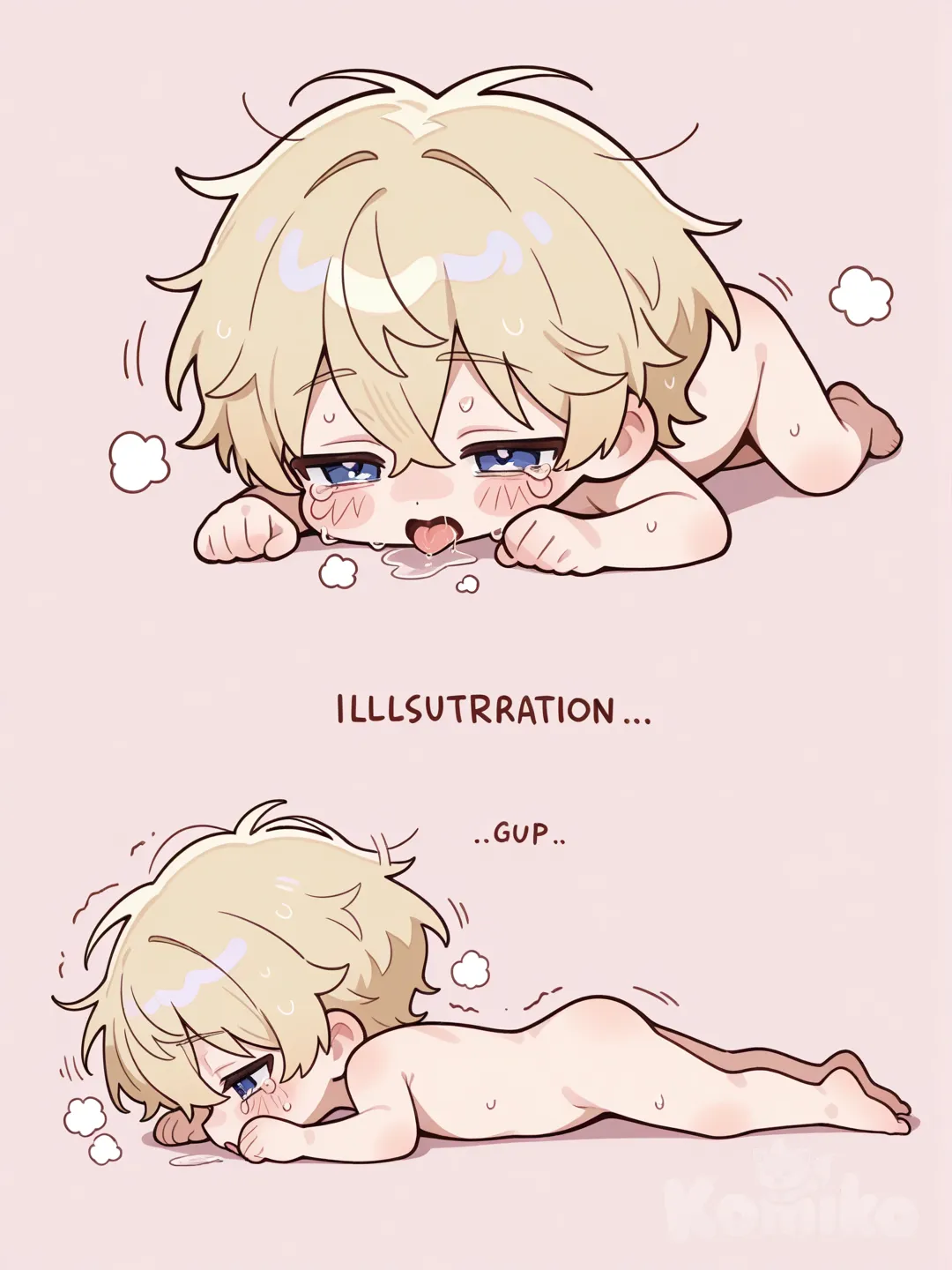 18, 这是一幅Q版风格的2D插画，绘制时增强笔触，使线条富有表现力和粗犷感。角色有着金色短发，全身光着。角色呈蜷缩姿态，侧脸贴地，双眼半睁，流露疲惫或慵懒之感，大口喘息，带着眼泪，双手撑地。整体通过简洁的线条和明快的色彩，凸显Q版角色头大身小的可爱特征，生动展现出角色的状态。