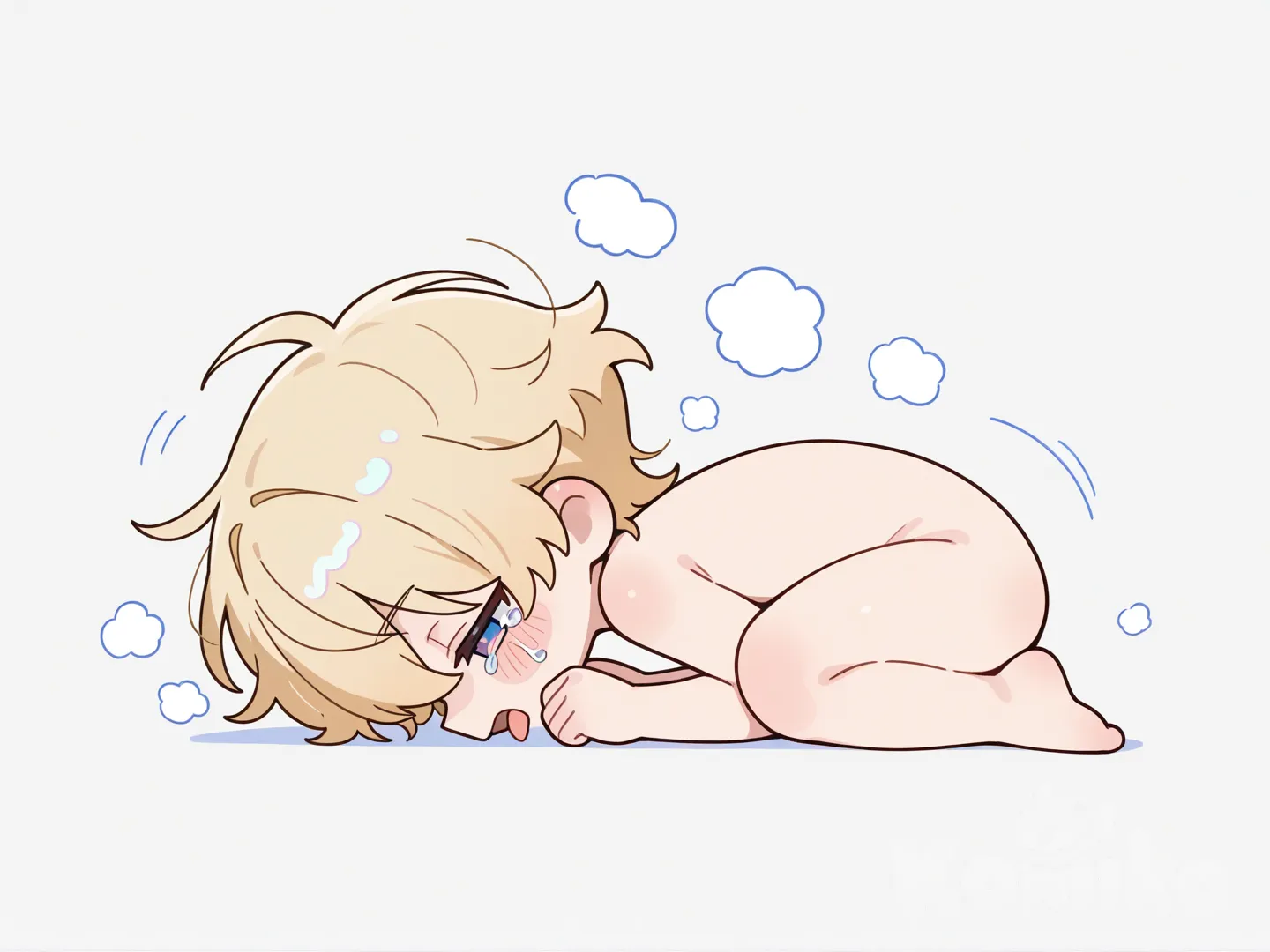 18, 这是一幅Q版风格的2D插画，绘制时增强笔触，使线条富有表现力和粗犷感。角色有着金色短发，全身光着。角色呈蜷缩姿态，侧脸贴地，双眼半睁，流露疲惫或慵懒之感，大口喘息，带着眼泪，双手撑地。整体通过简洁的线条和明快的色彩，凸显Q版角色头大身小的可爱特征，生动展现出角色的状态。