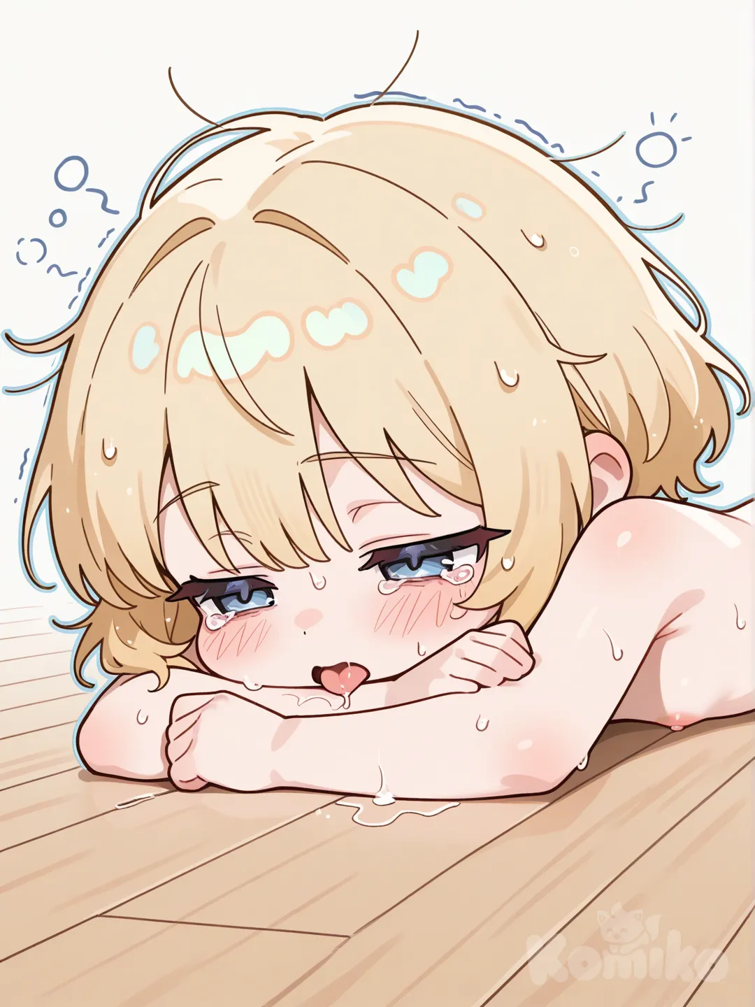 18, 这是一幅Q版风格的2D插画，绘制时增强笔触，使线条富有表现力和粗犷感。角色有着金色短发，全身光着。角色呈蜷缩姿态，侧脸贴地，双眼半睁，流露疲惫或慵懒之感，大口喘息，带着眼泪，双手撑地，画出奶头。整体通过简洁的线条和明快的色彩，凸显Q版角色头大身小的可爱特征，生动展现出角色的状态。