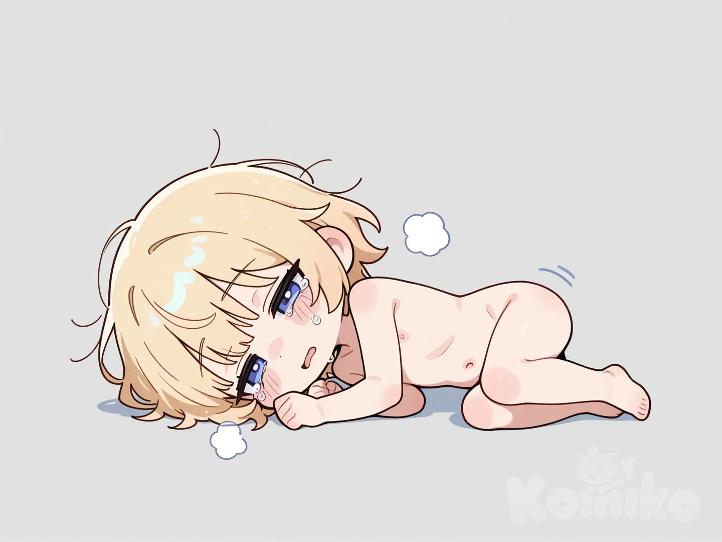 18, 这是一幅Q版风格的2D插画，绘制时增强笔触，使线条富有表现力和粗犷感。角色有着金色短发，全身光着。角色呈蜷缩姿态，侧脸贴地，双眼半睁，流露疲惫或慵懒之感，大口喘息，带着眼泪，双手撑地，画出奶头，奶头小且平。整体通过简洁的线条和明快的色彩，凸显Q版角色头大身小的可爱特征，生动展现出角色的状态。
Q版，可爱，不要画正常体型