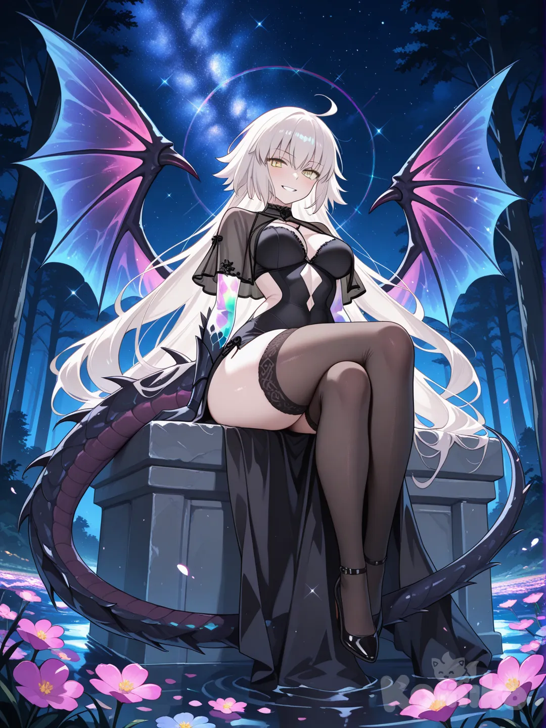 1girl, full_body, jeanne d'arc alter (fate), jdarc_def, \(monster girl, \(tyranid,\), black body, Scale skin, black dragon scales, (see-through body:1.2), translucent body, transparent body, (see-through skin:1.2), black dragon wings, solo, spikes, spikes \(anatomy\), female, tail\), smile, yellow eyes, white hair, long hair, black dress, black thighhighs, medium_breasts, thick_thighs, big_hips, Sitting, Looking ahead, iridescent, refraction, dispersion (optics), chromatic aberration, anaglyph, shine, light rays, forest background, night, moonlight, Milky Way, starry sky, space, aura, energy, colorful flowers,very aesthetic, absurdres, newest