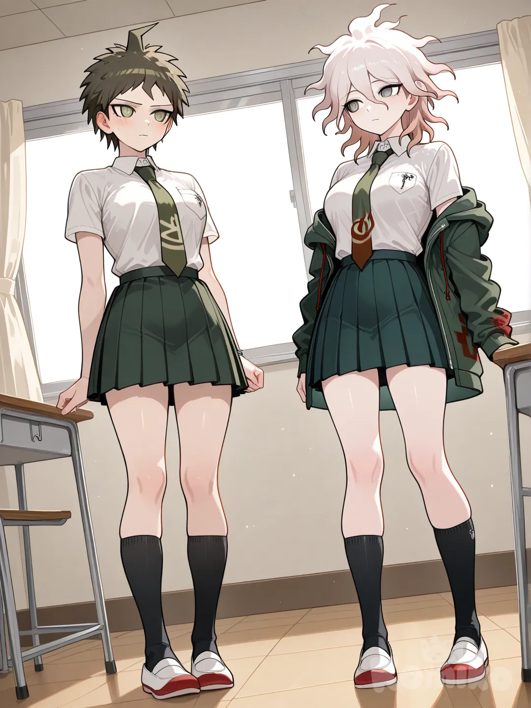 danganronpa (series), genderswap, full body, classroom, medium breasts, transformation, hinata hajime, komaeda nagito