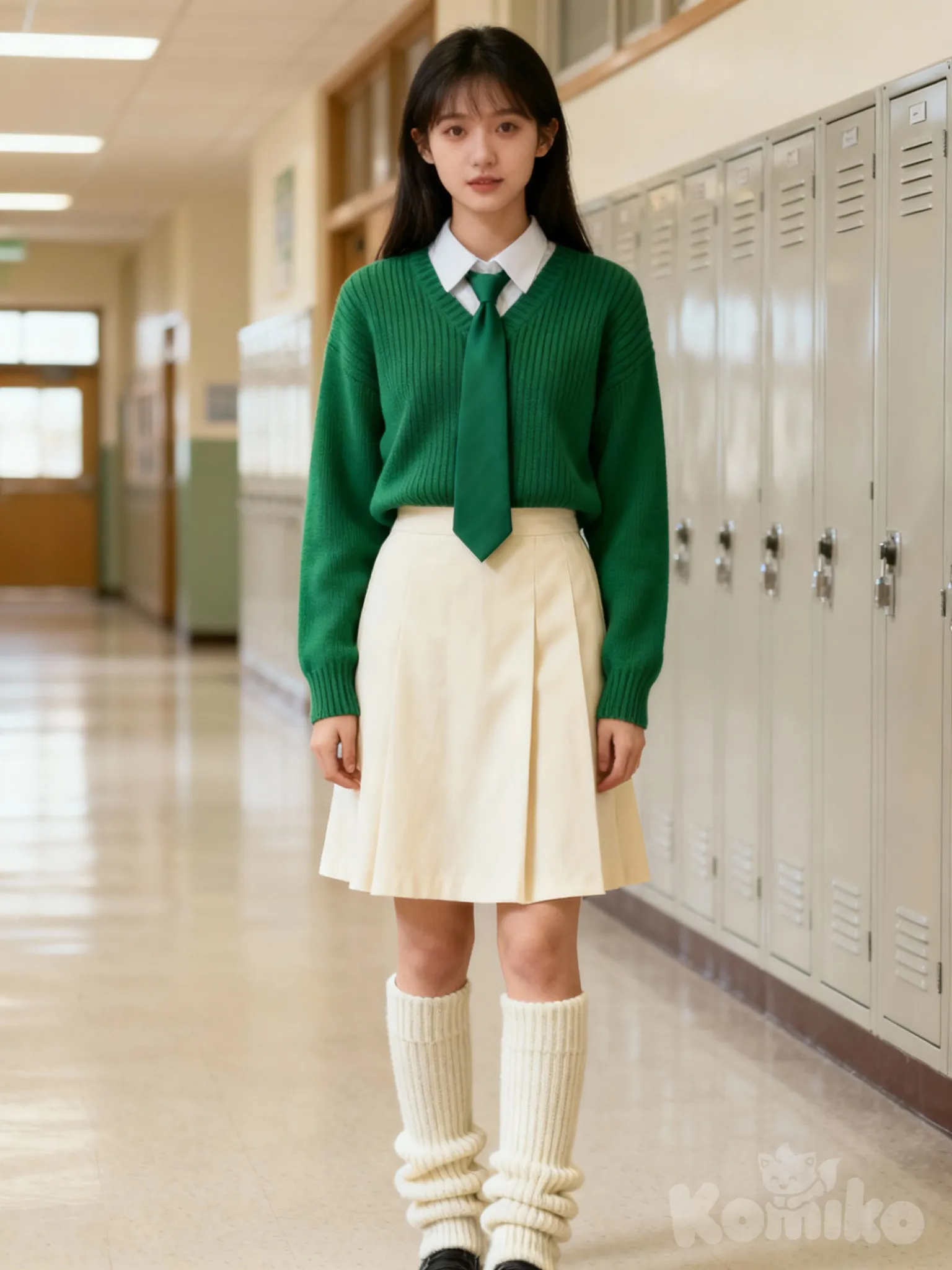 School uniform, Green long sleeve sweater with green tie,Cream colored skirt,Leg warmers,Long socks.
