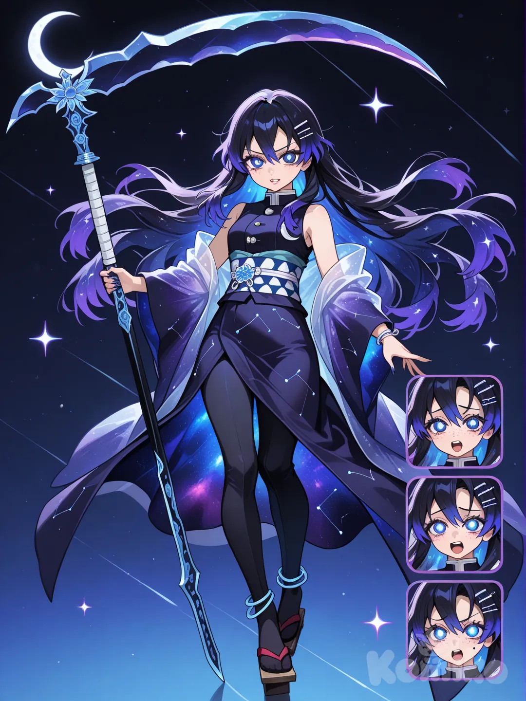 1girl, Demon Slayer style, original character in the world of Demon Slayer,young adult, age 22 years old, slim, short, athletic, fair skin.
Hair:
Uchu’s Hair Summary:
Her hair is long, flowing, and slightly see-through, colored like a galaxy with black, blue, cyan, and purple swirling together. It sparkles faintly like stars and glows brighter when she uses her Universe Breathing.
Eyes:
Her eyes look like miniature galaxies — deep navy blue with swirling hints of purple and cyan. Tiny star-like specks shimmer in her irises, glowing softly whenever she focuses her breathing. Her gaze is sharp, confident, and a little mischievous, perfectly matching her sassy personality.
Face
Uchu has soft, gentle features with a small nose and naturally full, delicate lips. Her skin looks slightly translucent under moonlight, giving her an otherworldly glow. Tiny constellation-like freckles scatter across her cheeks, and her long, thick lashes frame her galaxy-like eyes, making her seem both graceful and unreal—like a celestial being in human form.
Uniform:
Uchu wears a long, flowing galaxy-patterned kimono in deep blues, purples, and cyan, shimmering like a night sky. Wide sleeves trail like stardust, and a crescent-moon obi ties her waist. Under it, she has the modified Demon Slayer uniform with black leggings and a sleeveless top for mobility. The kimono looks ethereal but is battle-reinforced.
Geta:
Uchu’s geta are midnight-blue with tiny star-like sparkles, black teeth, and glowing cyan straps. They shimmer like a small galaxy when she walks.
Weapon:
Uchu wields a huge crescent-moon, space-themed scythe with a shimmering galaxy blade of blue, purple, and black. The handle is black with nebula patterns, and a glowing star charm hangs at the end. When she swings it, it leaves a trail of stardust.
Accessories:
Uchu wears small star-shaped hair pins, crescent-moon ear cuffs, a nebula charm on her obi, a constellation bracelet, and a soft jingling starlight anklet. She also keeps a shimmering galaxy ribbon wrapped around her wrist as a hidden weapon. A faint glowing star mark sits under her right eye, and she has small red eye bags that give her a tired, celestial look.
Nails:
Uchu’s nails are long, sharp, and galaxy-themed with a navy base, cyan and purple swirls, and shimmering star-dust sparkles. The tips are slightly transparent like cosmic mist, and each thumb has a tiny gemstone star. They glow softly when she uses Universe Breathing, giving her a true diva celestial look.
___________________________$_____
Character sheet with expressions ,Weapons,etc