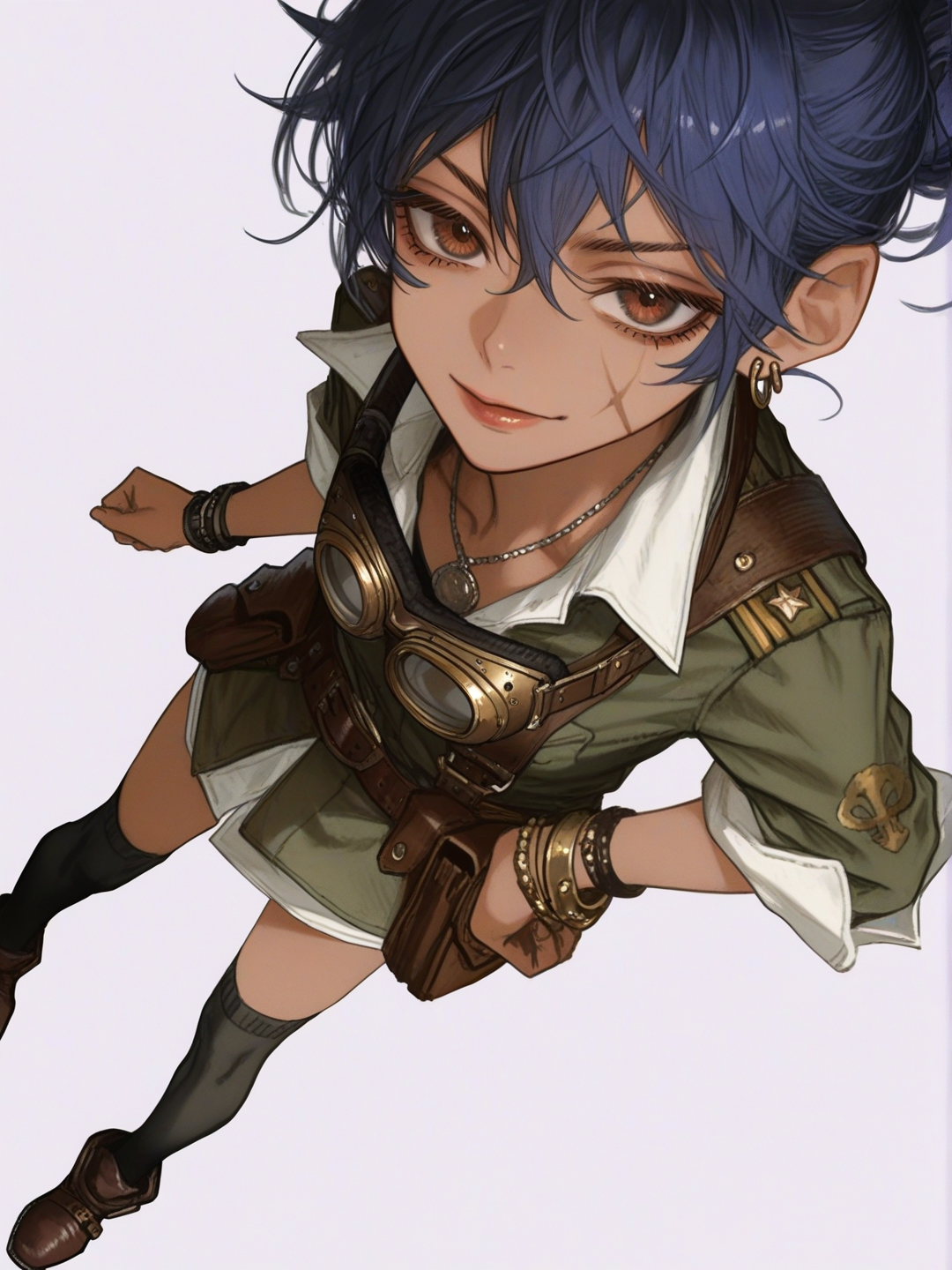 [semi-realistic-portrait-style] 1girl, child, slim, short, dark skin, blue hair, short hair, hair bun, brown eyes, scar, military uniform, steampunk goggles, earrings, studs, necklace, bracelet, knee-high socks, single character, full body, looking at viewer, anime style, simple background, white background