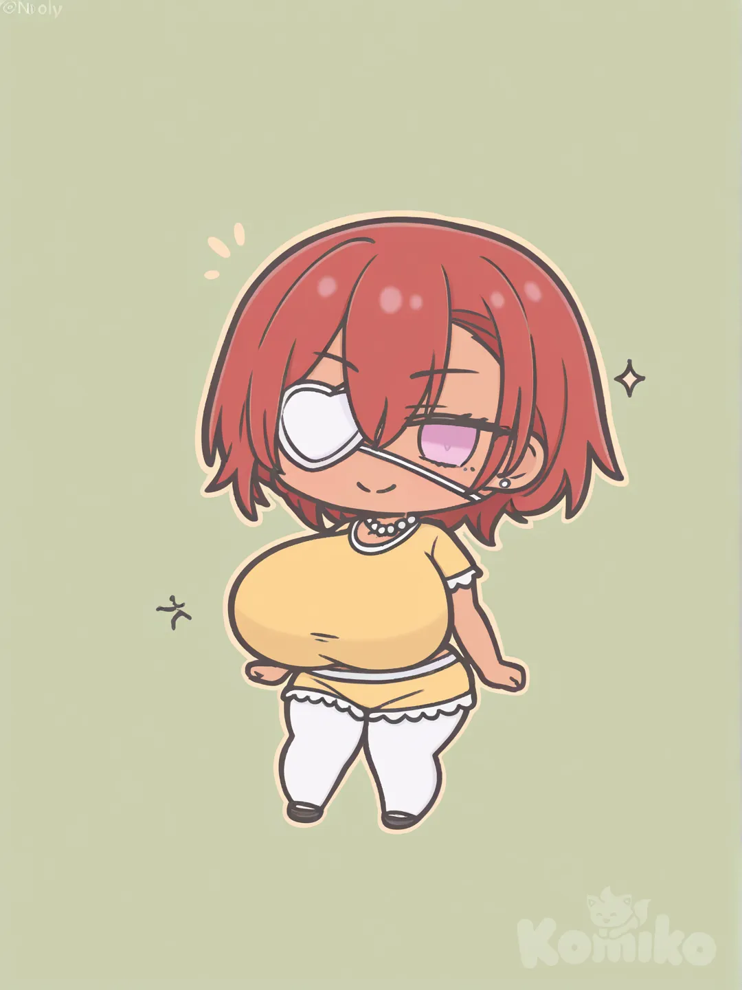 1girl, short swept-up forelock red hair, Compact black hair tips, pink eyes, giant breasts, flat ass, dark skin, flirtless smile, child, pokemon eevee pajama, studs, pearls, eye patch, short female, slim, curvy, loli, shortstack, [pastel-chibi-style]