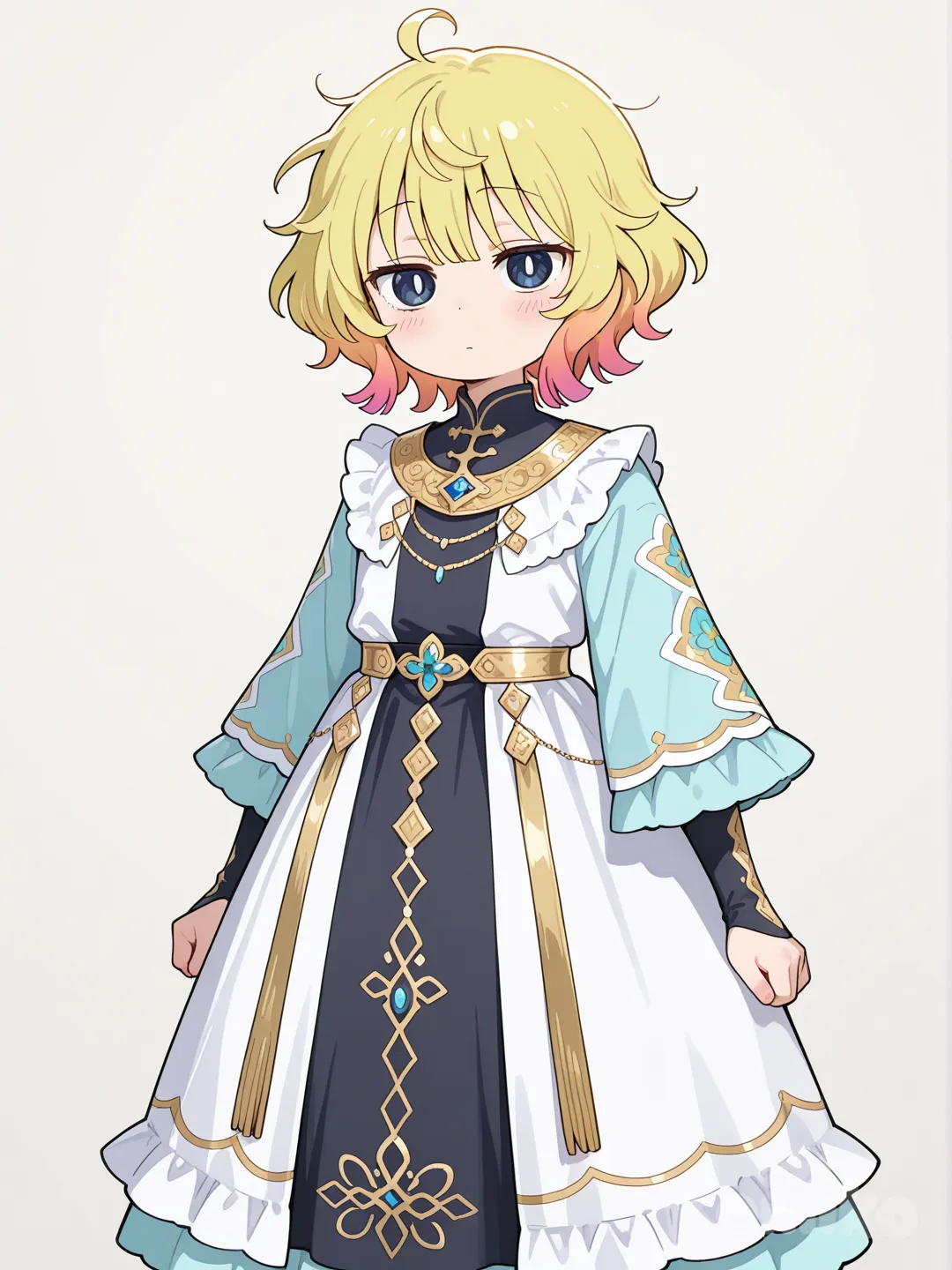 1girl, short wavy fluffy yellow hair with an ahoge and layered bangs, soft ceremonial fantasy-styled outfit with white black, and pastel blue as the main colors, black eyes, white pupils, kobayashi-san chi no maidragon, child, tall
