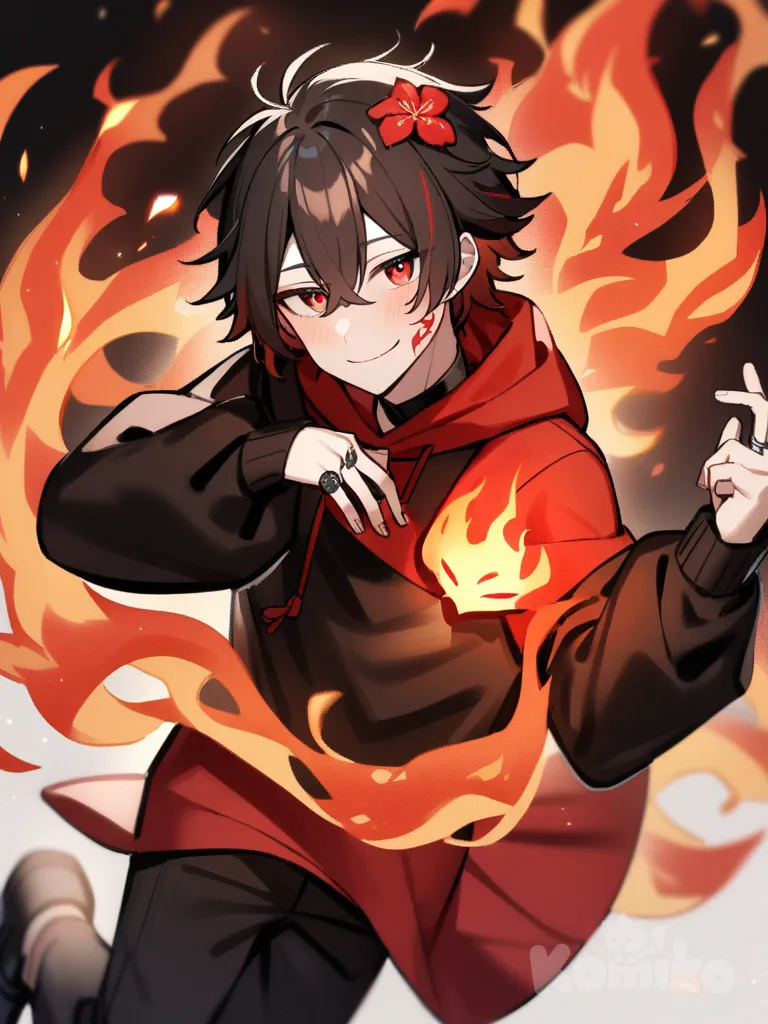 1boy, gentle smile, dark black shaggy hair, red strip in hair, warm red eyes, light skin, red and black leather hoodie, ring with flame, tall, black smooth shoes, small red fire tattoo on right cheek, flame spirit girlfriend, warm red bright eyes, beautiful smile, red blush, dark brown hair, red fire flower in hair, red skirt, black shirt with red on it, red shoes with flames, single character, full body, looking at viewer, anime style, simple background, white background