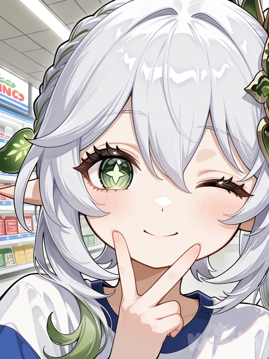 @Nahida_(Genshin_Impact), one eye closed, closeup, convenience store, v sign
