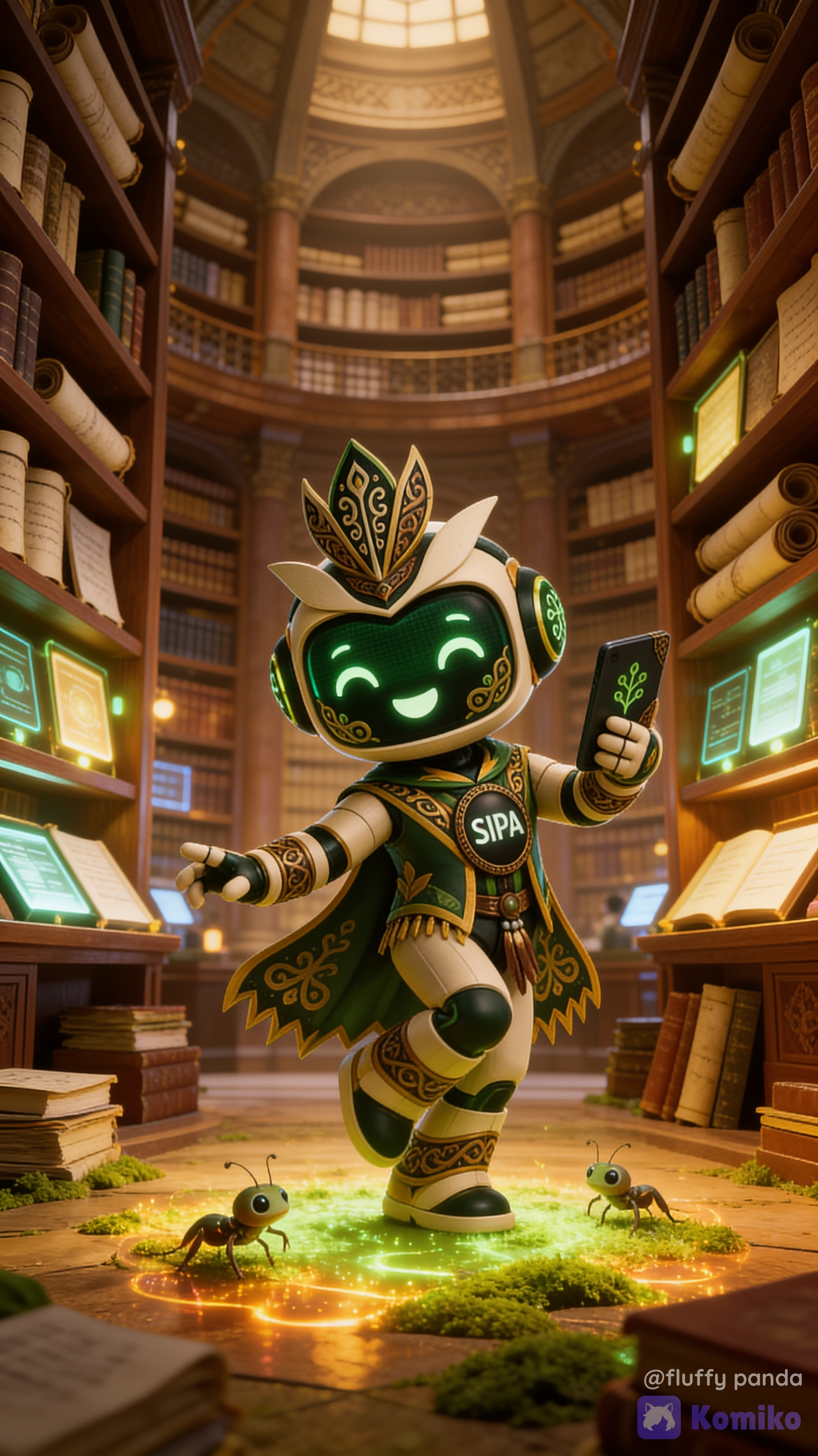 @sipa-yKbl A warmly lit hall inside a great archive, walls lined with towering wooden shelves stuffed with scrolls and glowing datapads. At the center stands an eccentric figure in a leaf-shaped headdress, turning gracefully with a lively pose as his green visor displays a bright animated smile. Small shy crawling datapads scuttle over the floor near his feet as he gestures a friendly wave toward the entrance. Soft bioluminescent moss glows underfoot, casting a dreamy amber-green light across the scene. The atmosphere hums with magical technology, dusty tomes, and gentle curiosity.