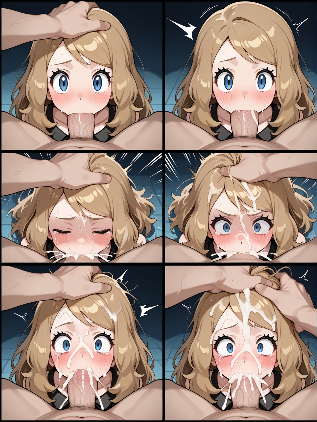 deepthroat, cum on body, cum on face, facial, big dick, cover face with white cum, streaming tears, sad, forced, rape, man's hand on girl head to push her for deepthroat to take all the dick in her mouth, surprised, defeated, all dick in the throat, multiple frame, @Serena_(Pokemon)