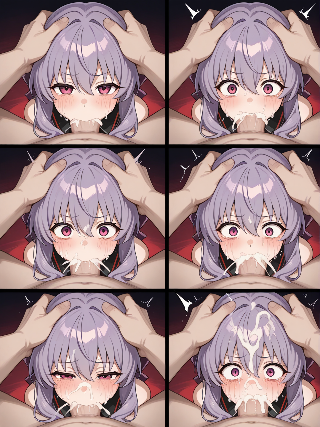 hiiragi shinoa from seraph of the end, deepthroat, deep penetration in the throat, blowjob,cum on body, cum on face, facial, big dick, cover face with white cum, streaming tears, sad, forced, rape, man's hand on girl head to push her for deepthroat to take all the dick in her mouth, surprised, defeated, all dick in the throat, multiple frame color, difference deepthroat, difference penetration size in mouth, hiiragi shinoa from seraph of the end