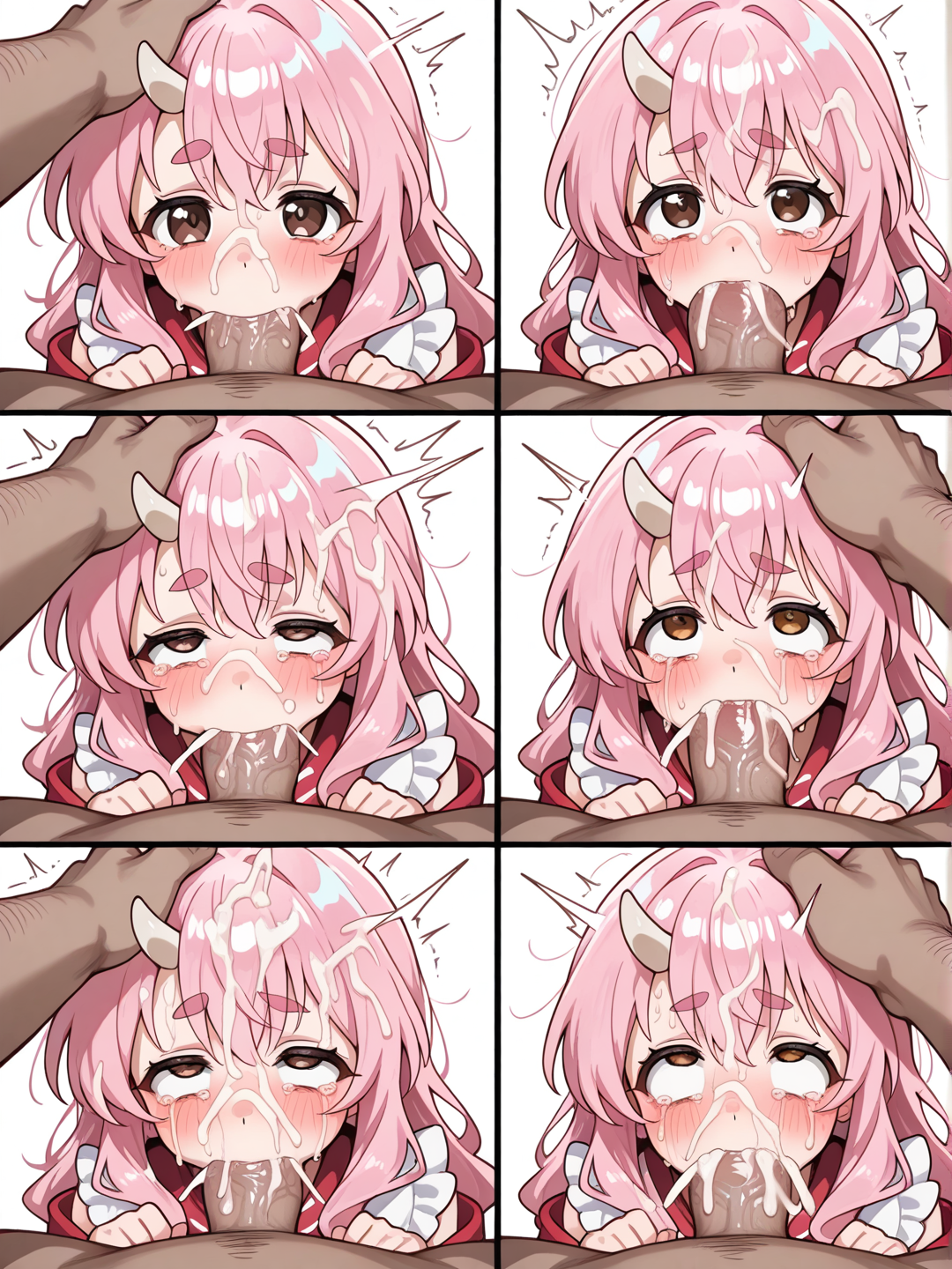 deepthroat, deep penetration in the throat, blowjob,cum on body, cum on face, facial, big dick, cover face with white cum, streaming tears, sad, forced, rape, man's hand on girl head to push her for deepthroat to take all the dick in her mouth, surprised, defeated, all dick in the throat, multiple frame color, difference deepthroat, difference penetration size in mouth, shuna from slime datta ken