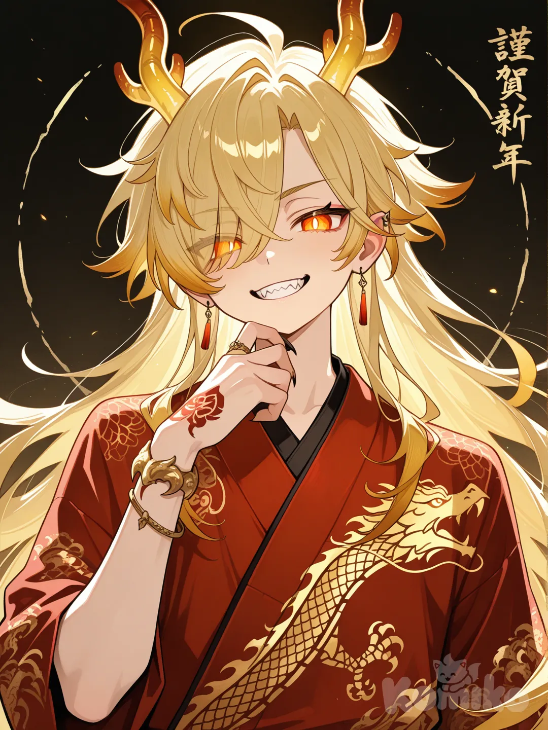 สร้างภาพ เด็กชาย ผมสีเหลืองอ่อนยาว ตาสีส้มเพลิง ฟันแหลม มีเขามังกร ใส่กำไรมังกร ใส่ชุดกิโมโนสีแดงลายมังกรสีทอง ยิ้มมั่นใจเห็นฟันแหลมๆ
