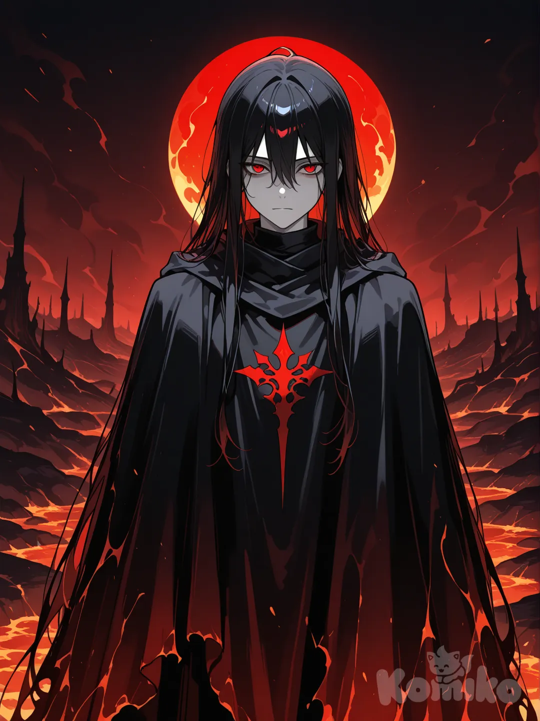 สร้างภาพ ชายผมดำ ตาสีแดงตาคมมีหกตา ใส่เสื้อคลุมยาวสีดำ พื้นหลังเป็นนรก