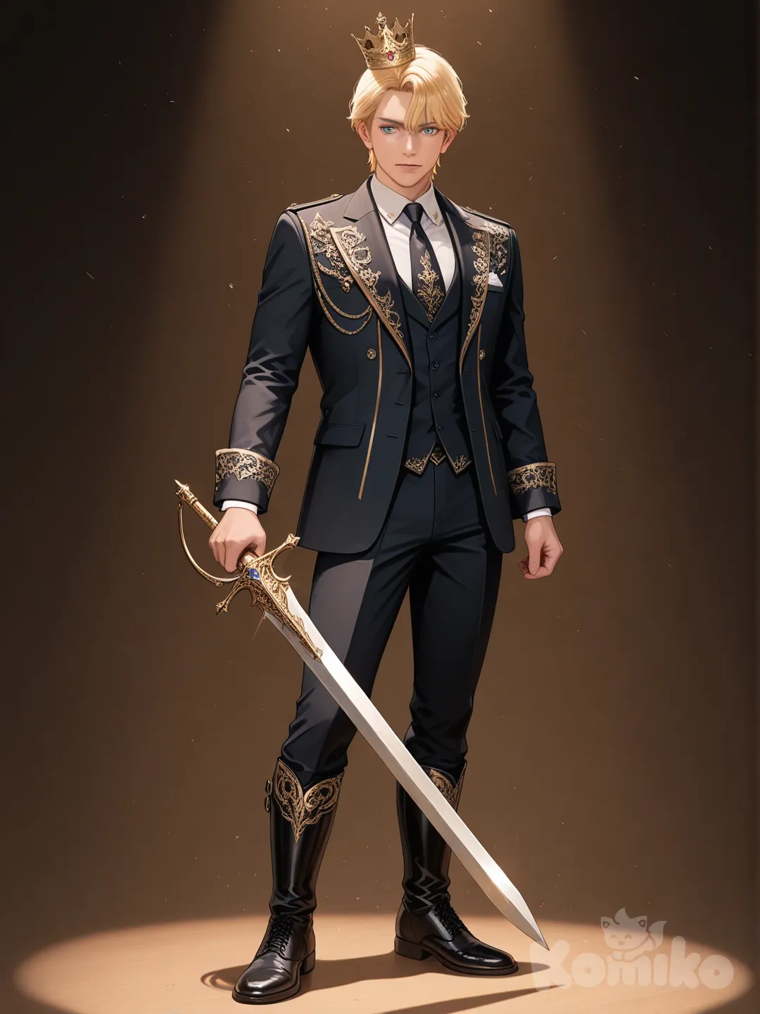 a prince with blonde hair and blue eyes and he has a black suit on with tie and looks relistic has a crown and boots and hads a sword