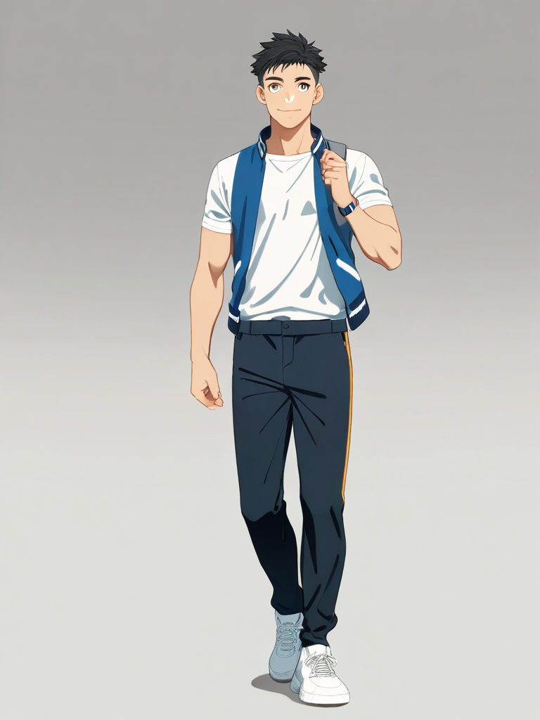 1boy, black_hair, brown_eyes, fair_skin, mature, athletic, sharp_jawline, confident_smile, lightning_magic, anime coloring, single character, full body, looking at viewer, anime style, simple background, white background