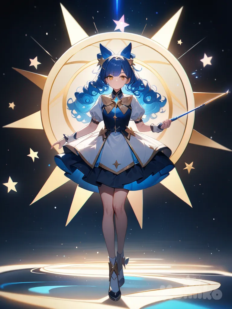 full body, magical girl, long wand, blue hair, curly hair, golden eyes, star magic, golden ratio, calm pose, vibrant colors