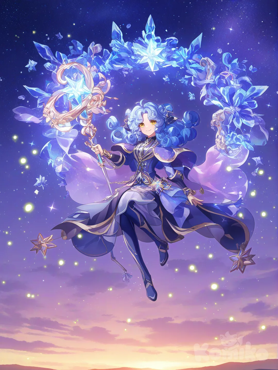 1girl, magician of stars, full body, smile, blue curly hairs, golden eyes, sunset, starry sky, star mage clothes, shining crystal staff, fireflies, sparkling, magical aura, luminescent, dynamic pose, enchanting atmosphere, background, whimsy, ethereal glow, [bright-anime-style]