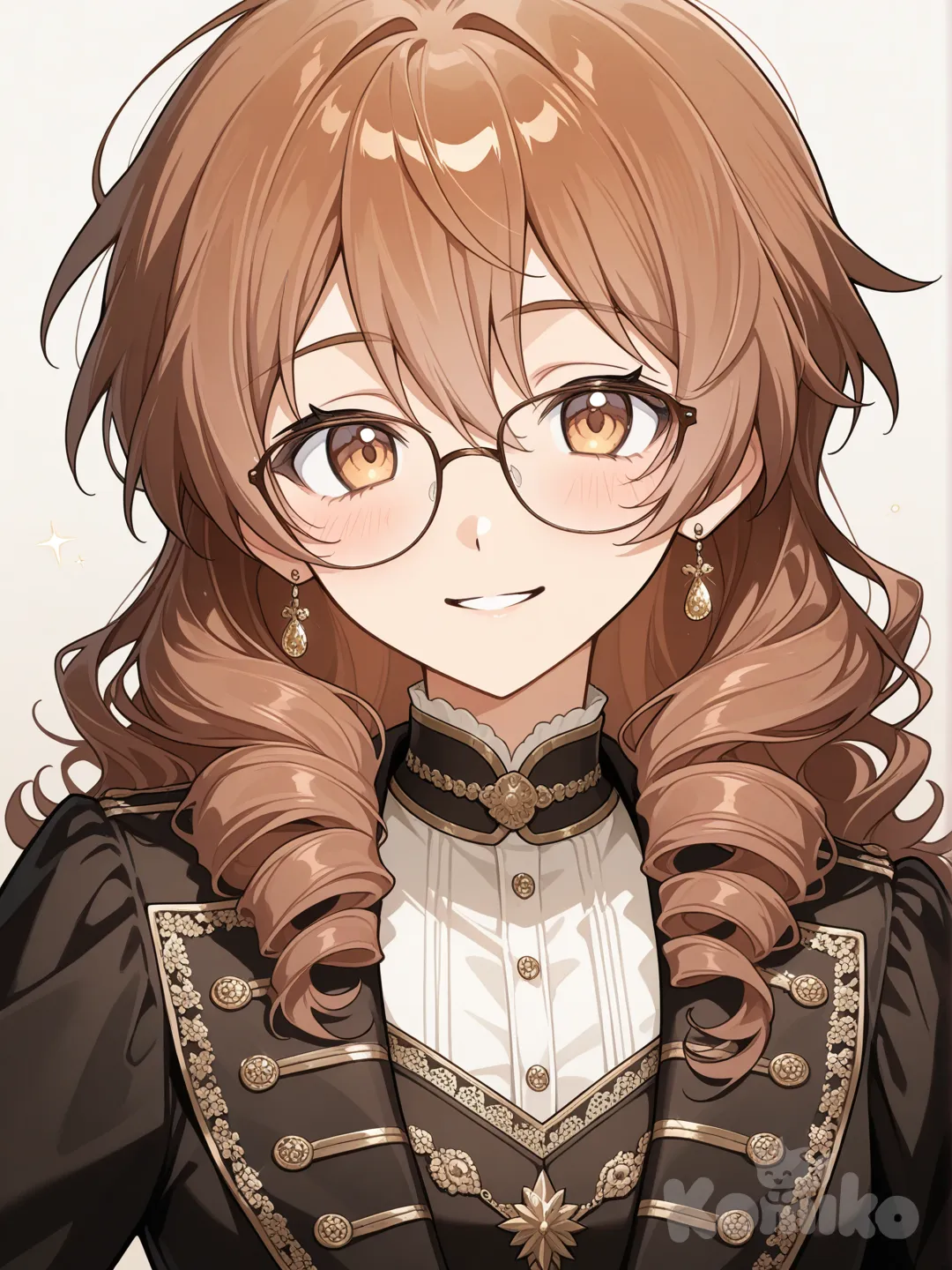 1girl, flat-anime-style, idolish7 style, brown hair, curly hair, bohemian outfit, smile, glasses