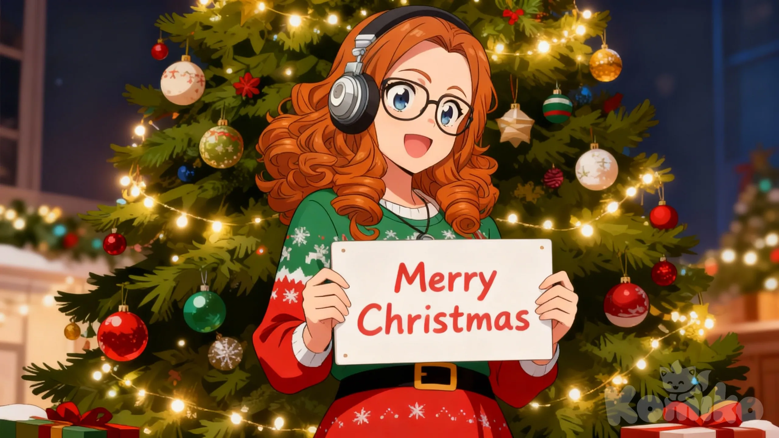 @marau-puZX, glasses, holding sign with"merry Christmas" on it, christmas clothes, christmas tree, christmas ornaments, christmas lights, [pop-anime-style]