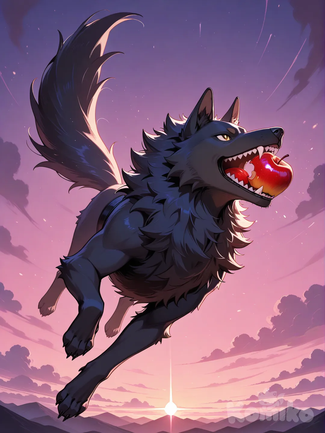 Un perro mordiendo una manzana mientras vuela