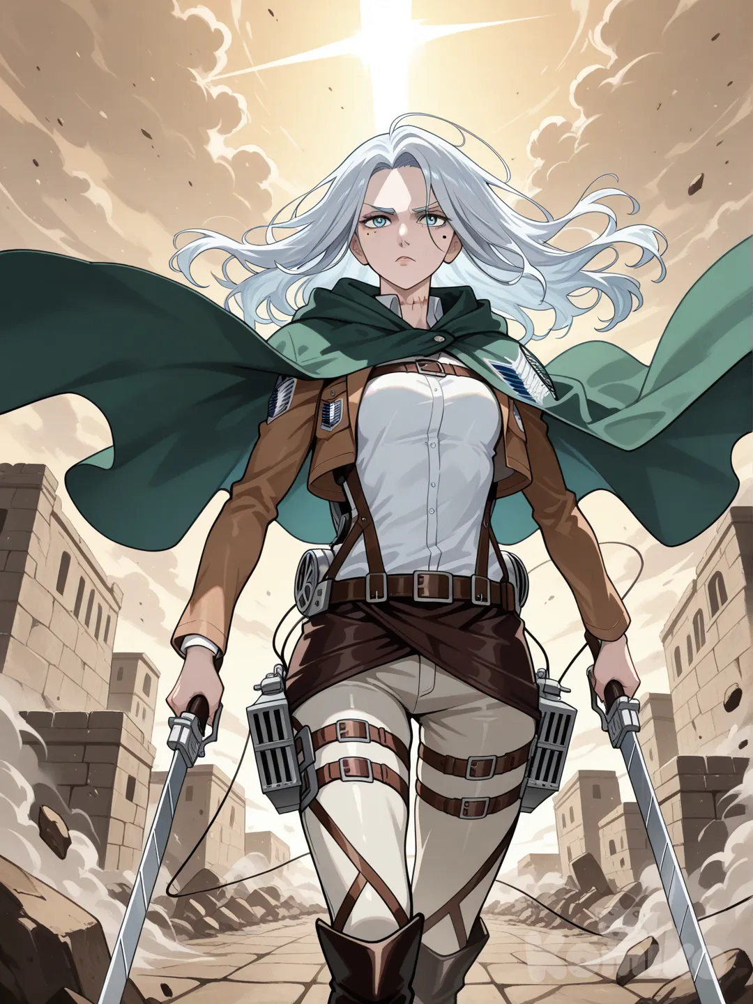 She is 23 years old, 170 cm tall, with an athletic, well-conditioned build. Her posture is poised, elegant, and sharpened by years of discipline. Her skin is pale with a cool undertone, reminiscent of Marleyan nobility.

Her hair is long silver with ash undertones, falling to her chest in soft waves. Strands frame her face while the rest flows freely. Her eyes are pale icy blue, steady and analytical—full of silent calculation rather than overt emotion.

Her face is angular and refined: slim eyebrows, straight nose, thin lips, and a well-defined jawline. A faint beauty mark sits just beneath her left eye. Along her neck, a thin vertical ritual scar marks her as the chosen successor of the War Hammer Titan. She carries herself with quiet authority and a reserved, introspective aura.

She wears the full Survey Corps uniform, perfectly fitted: dark harnesses, mobility gear, high leather boots, and the iconic green cloak with the Wings of Freedom billowing behind her. She stands ready, calm but unyielding.

The background must unmistakably evoke Attack on Titan:
colossal stone walls, wind-swept rooftops of Shiganshina, a sky full of tension and movement, or a battlefield littered with smoke and debris. Lighting should enhance the drama and scale of the world.

Her presence should reflect the duality of her destiny—noble upbringing colliding with brutal responsibility, and the hidden power of the War Hammer Titan beneath her composed exterior.