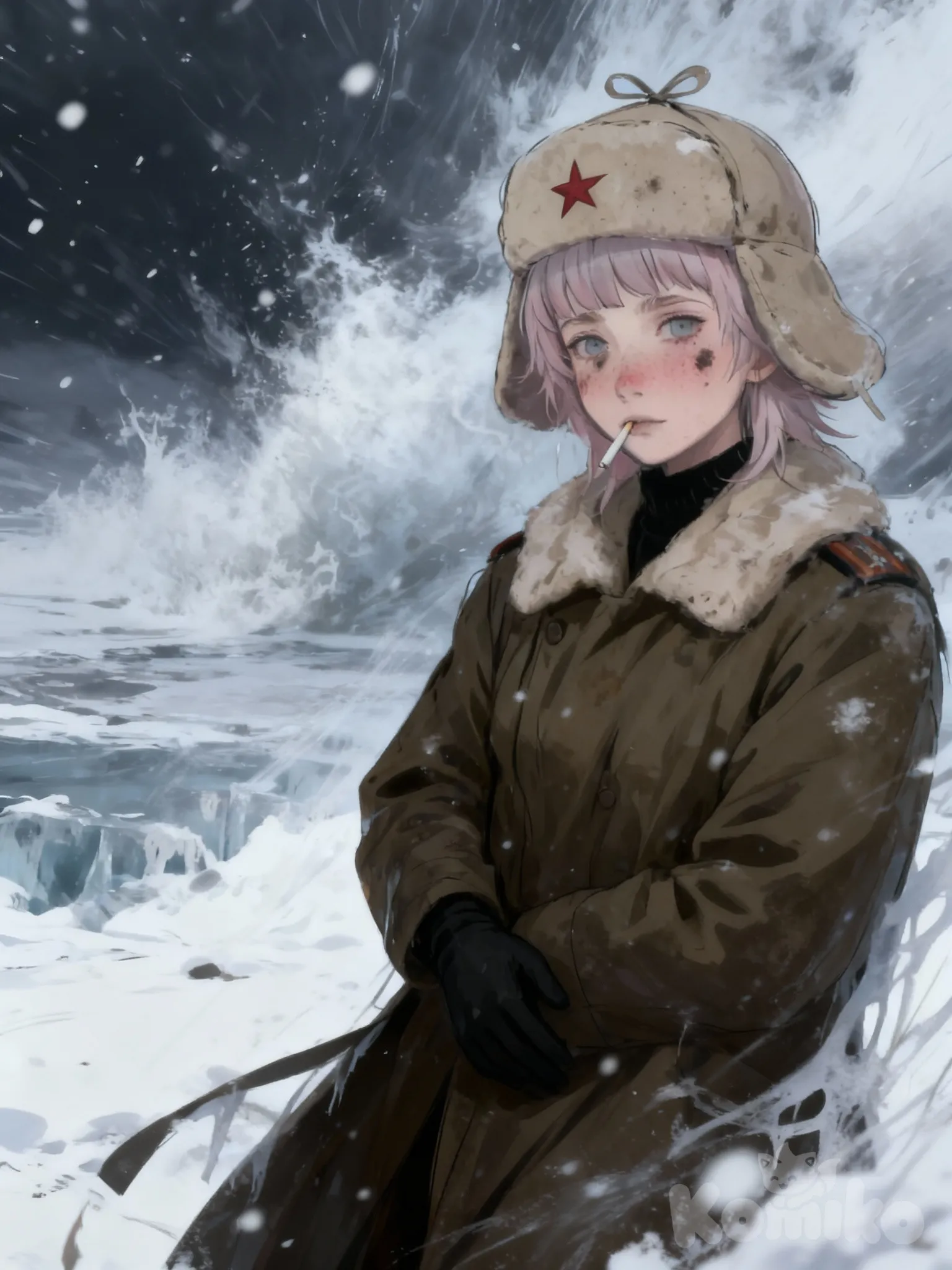A young woman with short pale-pink or light lavender hair and a soft fringe over her forehead. Her oval face shows a neutral or slightly melancholic expression, pale skin with a faint pink blush, dirt smudges on her cheeks, and a slightly irritated nose reddened by the cold. Her light-colored eyes (bluish or grayish) carry deep dark circles. A small cigarette or stick protrudes from the left corner of her mouth. She wears a light-brown or beige ushanka with the ear flaps tied on top and a red five-pointed star on the front. Her long, heavy winter coat is dark brown or olive green, made of thick wool or canvas, with a wide light-brown faux-fur collar. Underneath, a black high-neck garment. Both hands are in simple black gloves, the left resting against her chest or abdomen. The environment is brutal: dim, oppressive Eastern European winter lighting, muted and icy, with a violent snowstorm tearing through the scene. Thick snowflakes whip across her face, her hair and coat are partially frozen, and the air feels sharp and unforgiving. The atmosphere conveys extreme cold, wind pressure, and a desolate frozen landscape. Realistic anime style, harsh textures, moody shadows, intense winter ambience., KomikoAI.jpg (24)