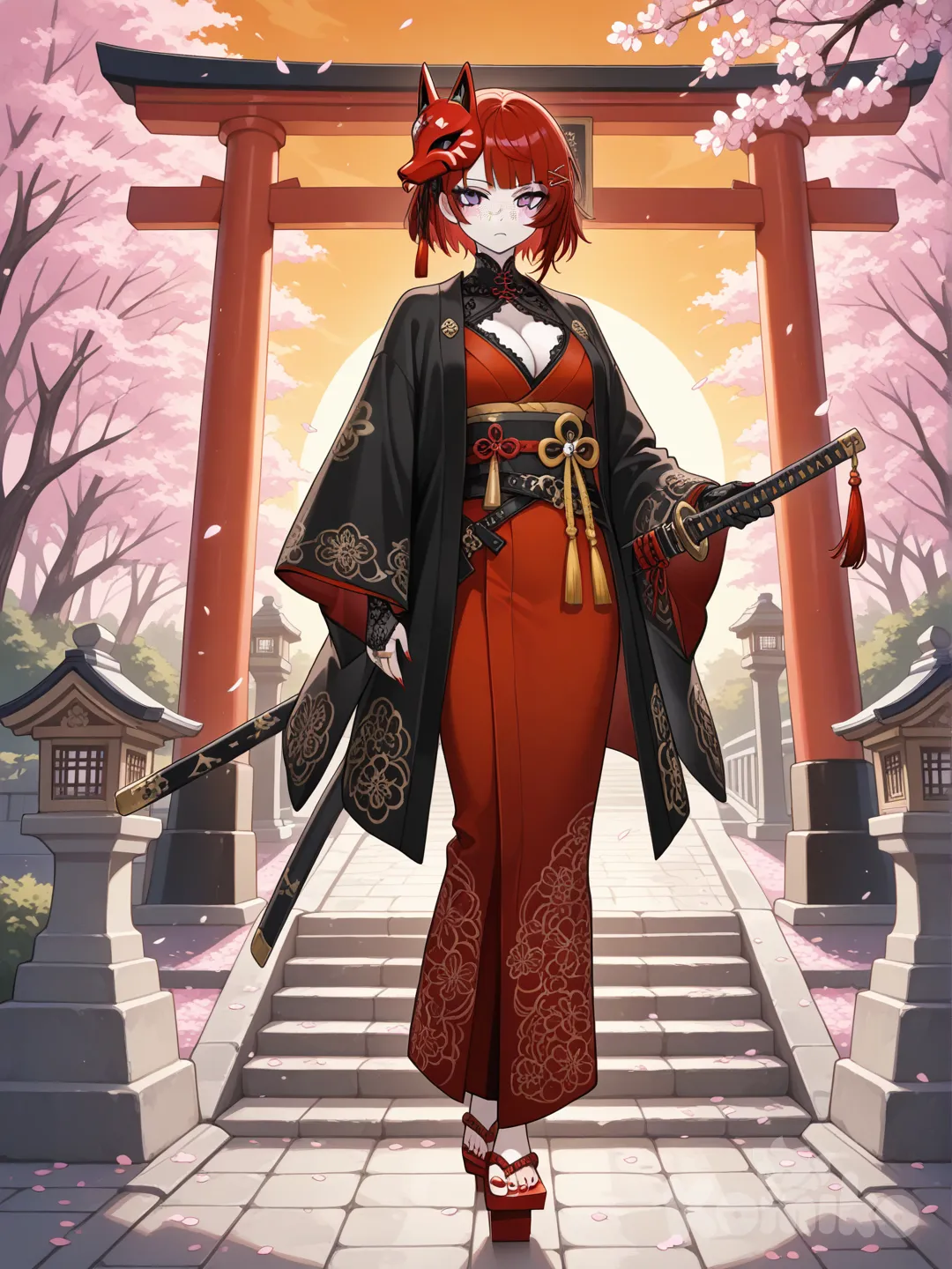 ultradetailed, anime style, full-body, dynamic lighting, ash-blonde short hair with messy bangs falling over her forehead and longer side strands framing her oval pale face; light violet eyes with narrow pupils, subtle freckles/shaded lines under the eyes and along the cheeks, slender and elegant physique, neutral thoughtful expression; wearing a tight red inner dress/kimono with a deep diamond-shaped neckline on the chest, perfectly fitted to her torso; over it, a short loose red haori with wide sleeves and gold details along the collar and lapel, wrapped left over right, tied at the waist with a wide black-and-red obi featuring a large bow on the back and hanging golden tassels; on her head, a big red fabric bow with two hairpins decorated with dangling red beads; a stylized red mask with black and gold markings worn either covering the lower half of her face or hanging as an accessory at the side of the head; wearing black forearm-length gloves with sharp long red nails and a gold ring on the ring finger; traditional Japanese geta with tall wooden teeth and red-and-gold straps on her feet; carrying a long katana with a black blade, its vibrant red scabbard with gold patterns tied to her obi, the red-and-black hilt decorated with red tassels; background: serene traditional Japanese scenery with a torii gate, stone lanterns, cherry blossoms drifting in the air, and a warm sunset over a quiet shrine pathway.