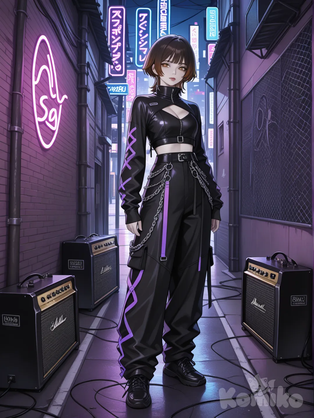 A striking young woman drawn in a realistic anime style, with refined linework and subtle shading that blends realism with stylized elegance. She wears a sleek black bodysuit with a high collar, a bold chest cutout, and detachable long sleeves with thumb holes. Over it, low-waisted black baggy jeans sit loosely on her hips, giving her an effortless urban attitude. Silver accessories glint softly against the dark palette. Her short chestnut hair is shaped into a textured wolf cut, tousled naturally, with a fringe grazing her shoulders. Her skin is lightly pale, and her brown eyes have a deep, steady glow, rendered with anime-style lighting.

The background carries the same realistic-anime aesthetic: an urban night scene with muted neon signs in blues and purples, a quiet alley softly illuminated, the silhouette of a basketball court fence nearby, and the faint glow of a vintage amplifier resting against a wall. The setting echoes her cool confidence and the rhythm of her city-leaning personality, all painted with the polished depth of high-quality anime realism.