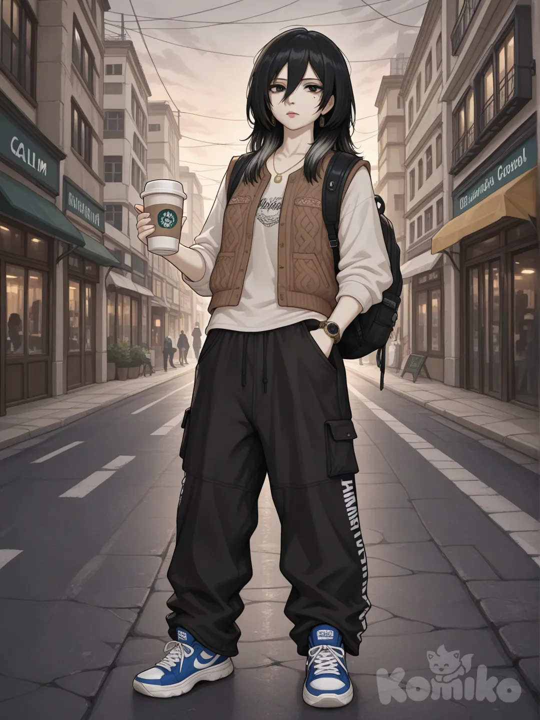 A realistic anime-style young woman, Mikasa Ackerman, 20 years old, tall and powerfully athletic (1.76 m, muscular build, 68 kg), pale skin, intense dark eyes, a small subtle scar under her right eye, sharp yet calm facial features, stoic and composed expression. She has a black shaggy mullet haircut, heavily textured and layered, with shorter layers on top adding volume, longer length at the nape, sides cut around jaw level, and a long, uneven fringe falling forward in a soft V-shape, naturally messy with razor-cut ends for movement.
She wears a white long-sleeve shirt worn loose, layered under a light gray to brownish knitted vest, paired with wide black or dark gray trousers that drape fluidly. On her feet are chunky sneakers with exaggerated thick soles, inspired by Balenciaga Triple S / 3XL, in white, cream, and muted blue tones.
Accessories include a black backpack with vertical white text reading “BALE,” a minimal necklace with a circular pendant, a wristwatch on her left wrist, and a disposable hot drink cup held casually in one hand.
Her overall style is luxury urban street fashion, modern, layered, relaxed yet high-end.
Background: a quiet modern city street or minimalist urban campus at dusk, concrete and glass architecture, muted neutral tones, soft overcast lighting, subtle motion blur from distant pedestrians, conveying calm strength, discipline, and introspection. The atmosphere should feel cool, grounded, and understated, matching her stoic personality and refined streetwear aesthetic.