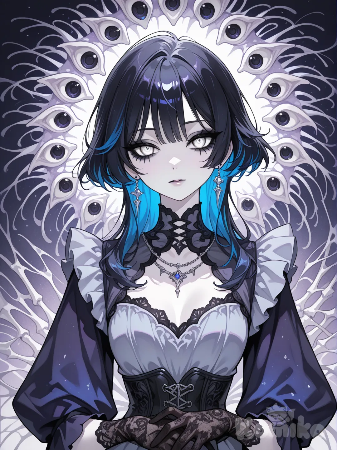 1 girl, pale skin, black eyeshadow, blue and black hair, corset dress, bones, corset made of bones, black, white, gray, blue, purple, pastel colors, fish bones, black lace gloves, calm face, jewelry, watercolor texture, white eyes, glass eyes, (many eyes), horror, dark atmosphere, beautiful, style5, (), (Anime illustration), (Watercolor art style), (Beautiful colors), complex makeup, fantasy makeup, ultra looking at viewer, fantasy setting.girl with pale skin, black eyeshadow, blue and black hair, dress with a corset, bones, corset made of bones, black, white, gray, blue, purple, pastel colors, fish bones, black lace gloves, calm face, jewelry, watercolor texture, white eyes, glass eyes, (many eyes), horror, dark atmosphere, beautiful, style5, (()), ((Anime illustration)), ((Watercolor art style)) ((Beautiful colors)), Complex makeup, fantasy makeup