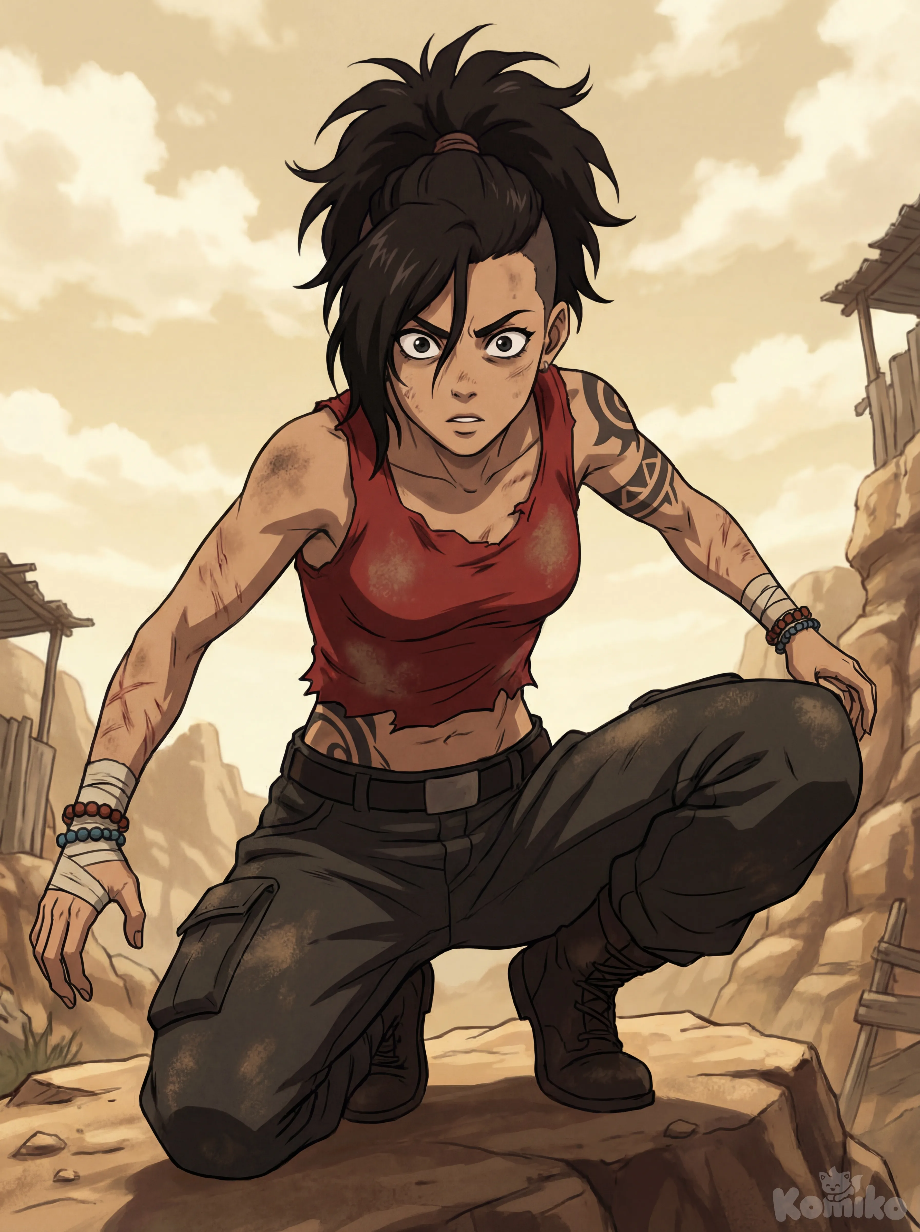 18+, Female version of Vaas Montenegro: a young woman with sharp, intense features and wild, predatory eyes; dark hair shaved on the sides and tied up in a messy topknot; sun-tanned skin marked with scars from countless fights; lean, wiry muscles and a restless stance; tribal tattoos running along her arms and ribs; a worn red top and torn cargo pants; bandaged wrists, beaded necklaces, metal bracelets, and improvised accessories; a look that radiates danger, instability, and raw charisma., anime style