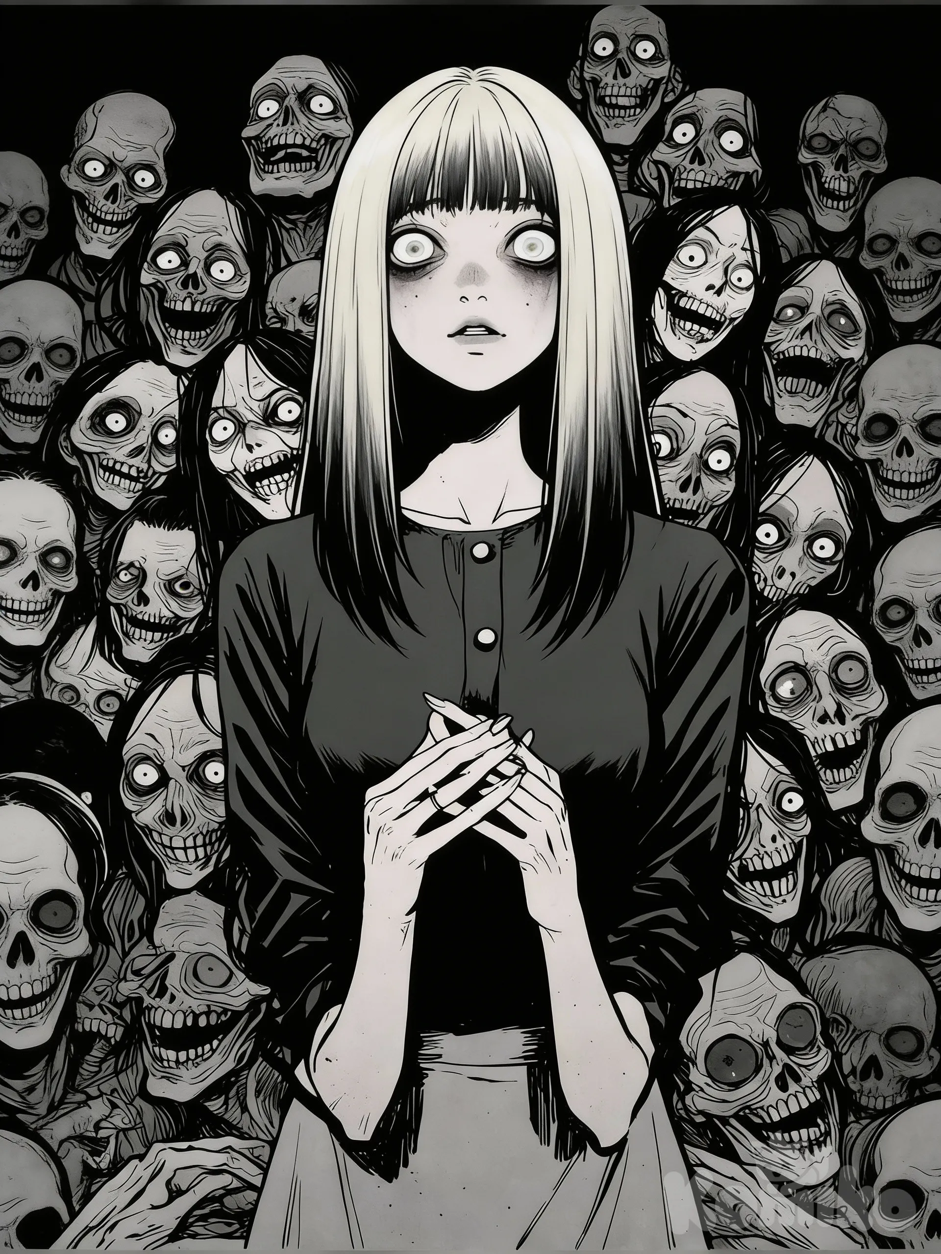 A disturbing young woman standing in front of a crowd of horrifying dead faces. Ash-blonde hair with dark roots, and dark hair tips, Ash-blonde fringe,wide pale eyes, dark eye bags, extremely pale skin, anxious trembling hands interlocked. Thin body, wearing a simple dark blouse and long skirt. Silent, haunted expression, horror manga style, Junji Ito aesthetic. Terrifying skull-like faces behind her, all staring and smiling unnaturally, monochrome dark atmosphere, high contrast, eerie lighting, unsettling textures., bf3c745abee33d74e71a3a953ce255e8
