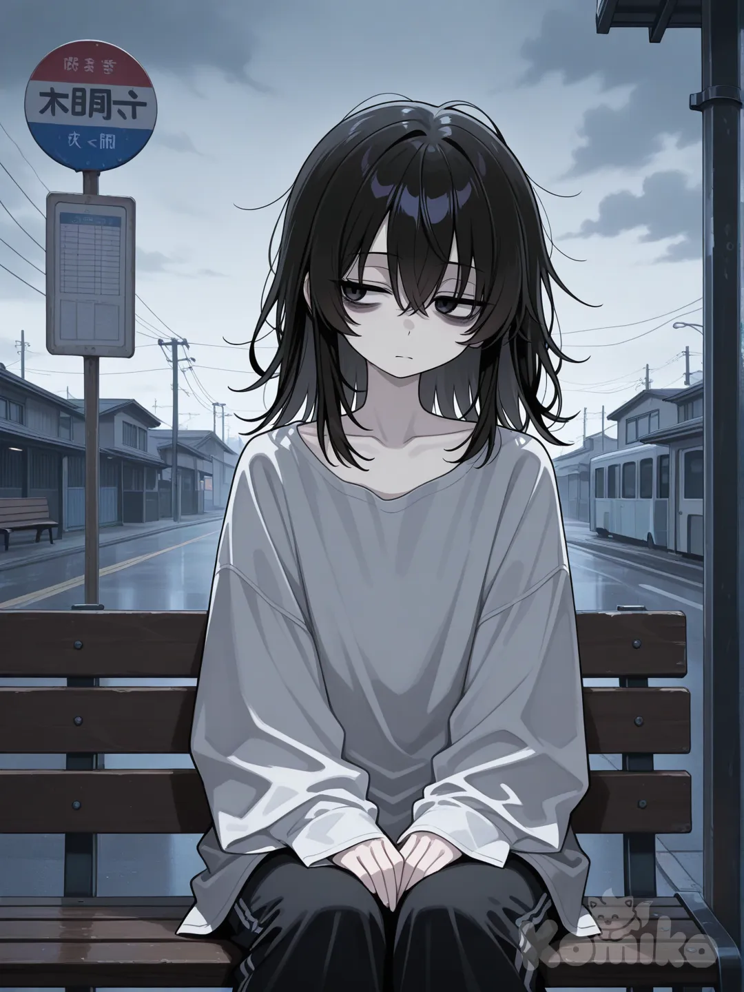 Pale skin, dark hair down to her collarbones, circles under her eyes, simple baggy clothes, soft fabrics, skinny body, indifferent half-look,sitting on a bus station,storm weather byt not raining, soft shadow