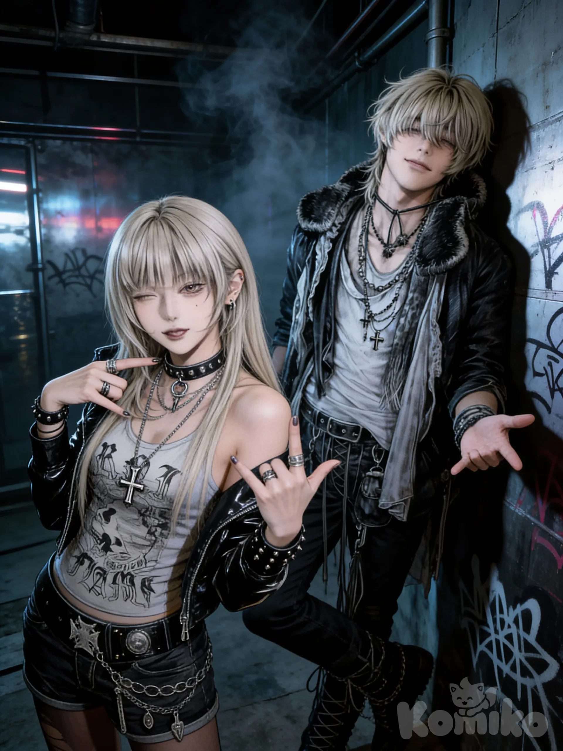 ––– Prompt conjunto con poses (punk-goth duo) –––
A punk-goth duo standing together in a dark, gritty underground urban setting with metallic textures, faint neon reflections, drifting smoke, graffiti-covered walls, and cold, moody lighting.

The young woman has long, straight blonde hair parted in the middle with a fringe partially covering her forehead. Her face is oval or heart-shaped with a sharp chin, large expressive eyes, and she is winking with her left eye in a playful yet confident expression. She strikes a bold punk-goth pose: her right shoulder slightly lifted, her body angled to the side, her right hand pointing at her layered necklaces, and her left hand raised in a rock gesture near her head. Her long, slender fingers have dark, glossy nails. She wears a shiny, wrinkled black leather jacket left open over a light top with a skull graphic. Around her neck: a tight studded choker, thin silver chains of different lengths, and an inverted cross pendant. She has black studded bracelets, multiple rings, and a small earring on her left ear.

Beside her stands the young man with long, messy blonde or platinum-blonde hair, his fringe partly covering his light-colored eyes. He carries a relaxed expression with a subtle smile and refined anime-style features. His pose reflects a calm, cool punk-goth attitude: leaning slightly back with one shoulder against a graffiti-marked wall, one leg crossed over the other, and part of his left hand visible with a single finger casually extended as if gesturing or acknowledging something silently. He wears a dark jacket with a thick faux-fur collar over a light textured shirt, and his neck is decorated with layered necklaces of chains, cords, and a cross pendant.

Both characters share the same rebellious nocturnal energy, wrapped in dim neon glows and a cold, atmospheric punk-goth aura., 48a4ad015c20ee3bd4ba59855cf22813