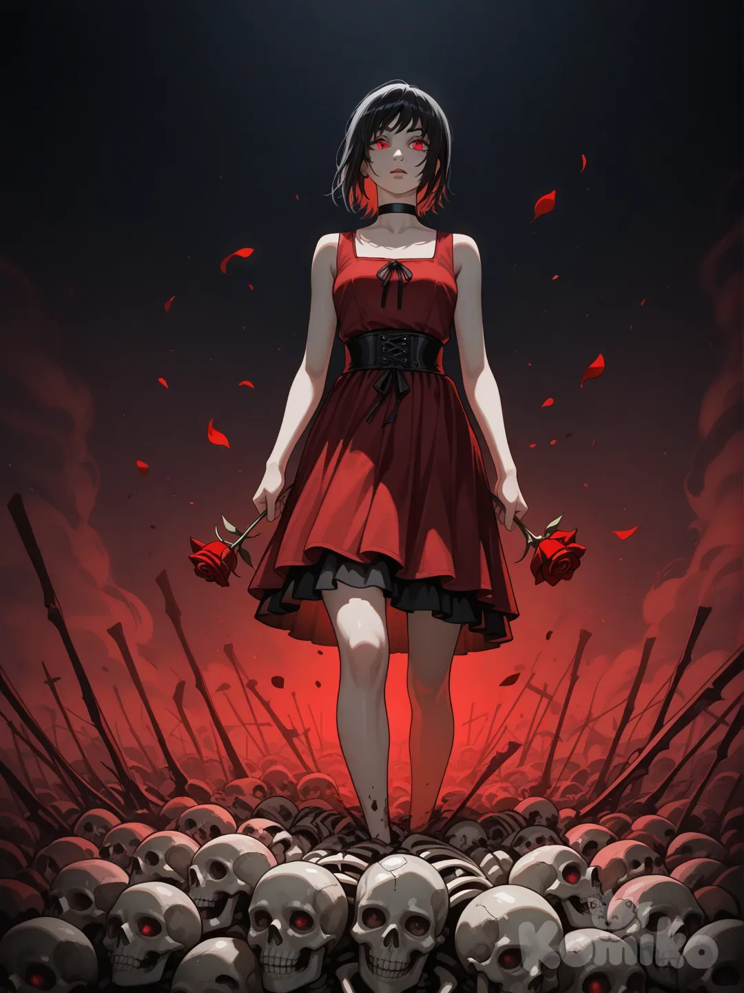Ultra-dark fantasy anime-realism full body portrait of @Fami_(Chainsaw_Man), the Hunger Devil (Chainsaw Man), standing in a calm yet ominous posture amid a dense wall of human skeletons and skulls stacked chaotically behind her, creating an oppressive and macabre atmosphere. She has pale, almost porcelain skin and a composed, emotionless expression that radiates quiet menace and primordial hunger. Her eyes are a striking focal point: bright, vivid red, glowing subtly in the low light, with multiple dark concentric circles clearly visible within the irises, giving them an unnatural, hypnotic and unsettling appearance.
She has jet-black hair, straight and slightly layered, softly framing her face and reaching just past her jawline, matte in texture with minimal highlights to preserve the dark aesthetic. Her gaze is distant yet dominant, as if observing prey rather than engaging with it.
She wears an elegant gothic-style dress in deep burgundy / dark wine red, featuring a corset-like bodice and layered ruffled skirt that reaches below the knees, rendered with highly realistic fabric textures and fine detailing. The dress subtly reflects dim light, creating a strong contrast against her pale skin and the muted environment. Around her neck, she wears a simple black choker that enhances her cold, refined presence. In one hand, she delicately holds a dark red rose, slightly lighter in tone than the dress, with realistic petals showing natural gradients, soft shadows, and subtle imperfections.
The background is filled with realistic human skeletons and skulls, rendered in extreme detail, featuring subtle black grime and dirt stains, aged bone textures with visible cracks and erosion, maintaining a balance between off-white bone and faint yellowish tones. The skeletons appear tangled, layered, and partially swallowed by shadow, reinforcing a sense of suffocation and death without overpowering the subject.
A smoky gray background haze blends into the skeletal mass, enhancing depth and atmosphere. Lighting is low-key and high-contrast, with deep shadows and a strategic red accent light subtly reflecting off the dress, rose, and eyes, amplifying the presence of the Hunger Devil. The illumination softly emphasizes her face and upper body while allowing the skeletal background to recede into darkness.
Art style is anime-inspired but significantly more realistic, cinematic and painterly, with refined linework, realistic anatomy, fabric folds, lifelike bone textures, and dramatic composition. The overall mood is dark, somber, and unsettling, blending gothic horror with elegant artistic realism, evoking silent dread, decay, and eternal hunger., ad6d68db0fbf0066a7b80454163f7e6e