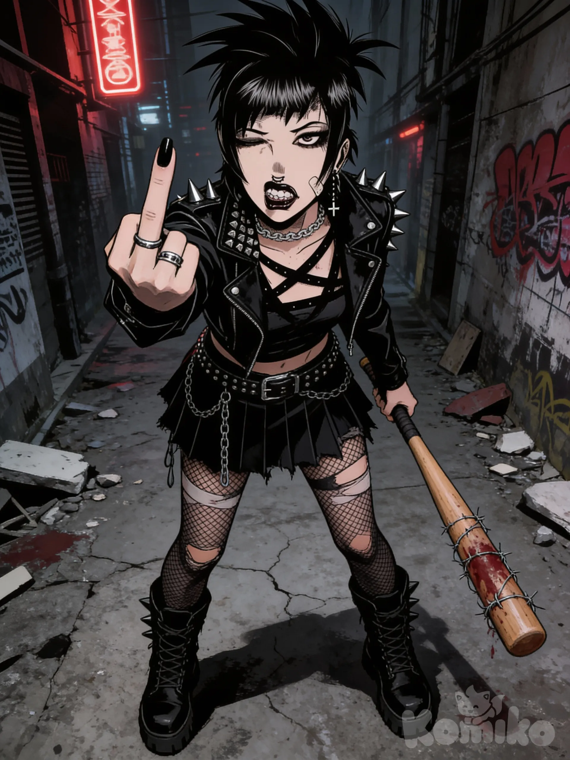 Ultra-Prompt (English):
Dark Seinen Manga / Punk Anime illustration model, gritty and raw aesthetic, high-contrast inked lineart with heavy blacks, sharp shadows, rough textures, underground manga style, rebellious and violent tone.
A rebellious punk woman with a raw, defiant presence, depicted in a high-contrast manga/ink illustration style with gritty textures and sharp linework. Her upper body shows her facing forward with an aggressive, mocking expression, one eye half-closed in a sneer while the other glares intensely. She is raising her middle finger toward the viewer in a provocative gesture. Her hair is short, jagged, and spiky, jet black with uneven layers and sharp bangs framing her face. Her makeup is heavy and intentionally messy: thick black eyeliner, dark smudged eyeshadow, and black lipstick slightly chipped around the edges, emphasizing her snarling mouth and visible teeth. She wears a black leather jacket with silver studs and pyramid spikes on the shoulders, partially open to reveal a black strappy top underneath, formed by intersecting bands across her chest. Around her neck are layered accessories: a thick silver chain choker and a longer necklace with a small metallic cross pendant. Her ears are filled with multiple piercings—small hoops, studs, and dangling crosses—while her nose has a septum piercing and a subtle nostril ring. Her fingers are adorned with several silver rings of different designs, and her long nails are painted glossy black, slightly worn at the tips.
Her lower body outfit contrasts with the aggressive upper pose: she wears a short black pleated skirt with a matte finish, slightly torn at the edges, held up by a studded belt with hanging silver chains draping asymmetrically over her hips. Under the skirt, she wears black fishnet stockings, visibly ripped and frayed, revealing bruises, scratches, and small cuts on her thighs. Several beige adhesive bandages are stuck to her legs, covering minor wounds, with faint blood stains and scuffed skin around them, suggesting recent fights or reckless encounters. On her feet are heavy black combat boots with thick soles, metal eyelets, and loose straps, scuffed and dirty from use.
In her left hand, resting against the ground, she grips a wooden baseball bat, darkened and worn with age. The bat is tightly wrapped near the top with twisted barbed wire, and around that area there is dried, dark red blood, subtle but clearly visible—old stains soaked into the wood and wire, balanced and realistic, not excessive yet impossible to miss. Small cracks and splinters in the bat hint at repeated violent use.
The background is a desolate urban setting that matches her aesthetic: a ruined alley or abandoned industrial zone with cracked concrete, scattered rubble, broken pavement, and faint graffiti on stained walls. The atmosphere feels dirty, rebellious, and tense, with a sense of decay and defiance. The overall color palette mixes deep blacks, dark grays, muted reds, and cold metallic silvers, reinforcing her punk, aggressive, anti-authority aura., Screenshot_20260109_142023_Instagram