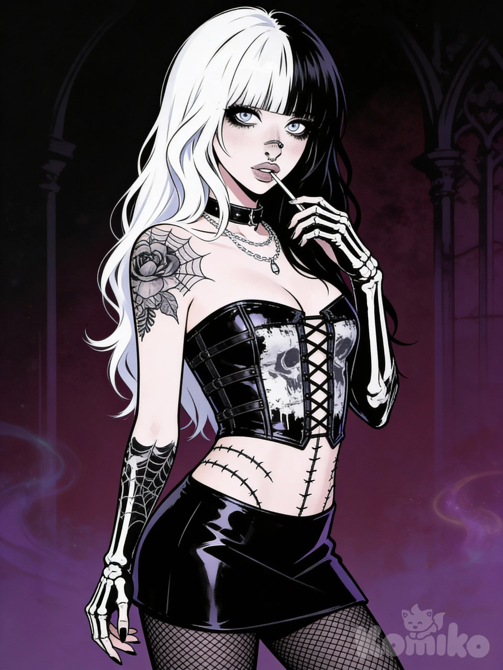 A highly illustration in full color, featuring a gothic/alternative style female character, anime-influenced aesthetic.
Physical Appearance & Colors:
Hair: Split dye hair, one half bright platinum white and the other half jet black. Long, wavy style with a full fringe (bangs).
Eyes: Large, striking eyes with a pale, almost white grey or light blue iris, with dilated pupils and heavy, dark black eyeliner and eyeshadow.
Skin: Very pale, almost porcelain white skin tone.
Nose: Small, with a nose piercing (a silver or black stud).
Expression: Seductive and confident, slightly parted lips holding a thin object (cigarette or stick) between her fingers.
Outfit & Accessories:
Top: A strapless, shiny black faux-leather or vinyl corset top featuring complex strap detailing and a distressed graphic print on the front, possibly in a faded white or grey color, and criss-cross lacing on the lower front.
Bottom: A matching shiny black mini skirt or skort.
Hosiery: Black fishnet stockings or tights.
Tattoo (Right Arm): A black and grey tattoo of a spider web and perhaps a rose or other floral elements visible on her upper right arm.
Tattoo (Left Arm/Hand): A skeletal sleeve tattoo in black and white ink, depicting the bones of a full arm and hand, with skeletal fingers visible.
Choker: A black choker necklace.
Necklace: A thin silver or white metal chain necklace with a small pendant.
Body Modification: Black stitching or barbed wire effect tattoos or temporary markings running vertically down the sides of her torso.
Background & Art Style:
Background: A dark, moody background featuring subtle gothic architectural elements like a stone archway or a moody, deep purple or maroon color gradient with some faint, ethereal effects to match the character's aesthetic. Avoid a plain white background.
Art Style: Anime/Manga illustration style, clean linework reminiscent of Shogun Chino Rojas or Zombie Makeout Club art, with high contrast, dramatic shading, and rich, saturated coloring applied to all elements., Screenshot_20260110_230048_Instagram