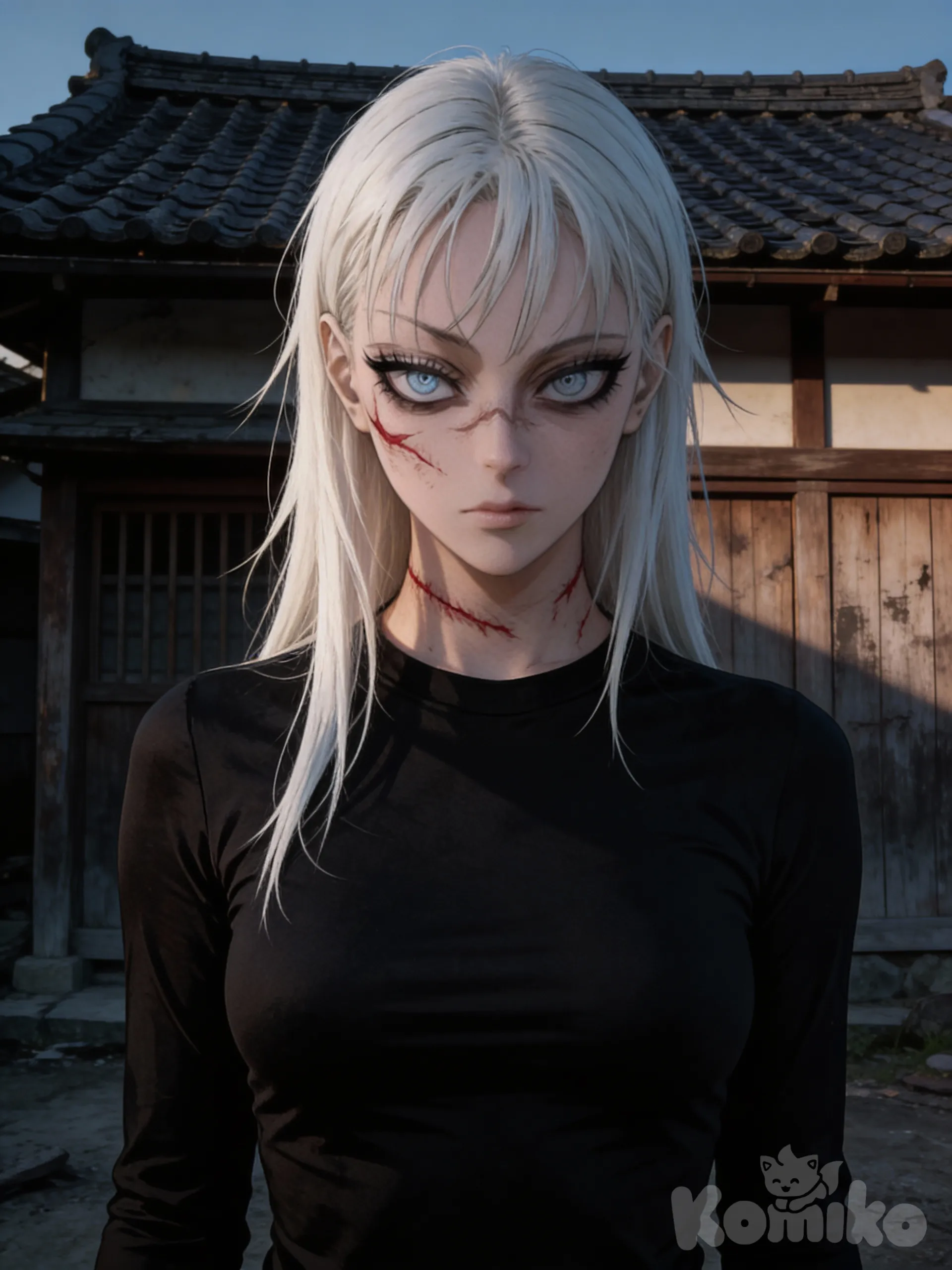 "A close-up illustration of a pale, young woman with a piercing, intense gaze. Her long, straight hair is a platinum blonde (or very light white/silver), slightly messy, flowing over her shoulders. Her eyes are a striking ice blue or pale silver, heavily outlined with black eyeliner, giving her an intimidating, sharp appearance. She has prominent, jagged facial scars on her left cheek and neck, which are a deep, angry red. She wears a simple, form-fitting black t-shirt or long-sleeved shirt.

The background is a traditional Japanese-style wooden building with a dark, textured roof, weathered and old. The overall atmosphere is desolate and intense, bathed in muted daylight (or soft evening light) with sharp shadows.

Style: In the style of Jujutsu Kaisen or Chainsaw Man animation, high detail, sharp lines, cinematic, anime style, high resolution, 8k, photorealistic, intricate details, moody lighting, intense stare, dynamic composition, a .", c4c45f6d4a478e4d9d4973b0af89b2f8