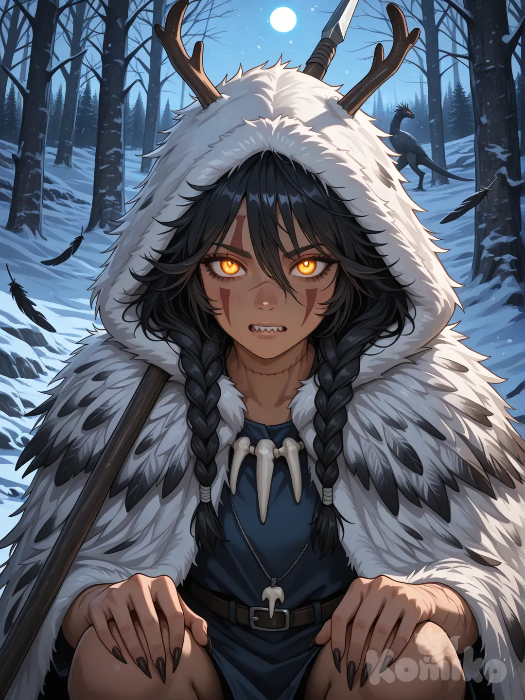 Ultra-prompt (English):
A young prehistoric huntress in her late teens, chest-up portrait, positioned slightly left of frame, set during the Upper Paleolithic Ice Age in Western Europe. It is night, with steady snowfall and cold mist drifting through the scene. She has sun-darkened brown skin, hardened by wind and frost, faint scars on her face and neck, cracked lips, and a strong jawline. Her amber eyes are sharp and predatory, reflecting both firelight and instinctive awareness.
Her dark, nearly black hair falls to her shoulders, tangled and partially braided with small bones and plant fibers. She wears a heavy hooded cloak made from layered reindeer and fox furs, stitched with sinew, thick, worn, and stained by smoke and melted snow. Around her neck hangs a necklace of animal teeth and bones, primitive and irregular.
Over her right shoulder rests a fire-hardened wooden spear with a chipped flint tip bound by dried tendons. Her hands are rough, calloused, and steady.
Beside her, partially visible and slightly behind, is Narak, a young troodon with dark, iridescent feathers adapted to cold climates. His body is lean and agile, with sharp curved claws, a narrow predatory snout, and intelligent, glowing eyes reflecting the firelight. Snow clings lightly to his feathers as he crouches alertly, posture low and ready, radiating quiet tension. His presence feels watchful, not domesticated, bound to Aka through mutual respect rather than control.
The background shows a dark prehistoric forest swallowed by fog and snowfall, with faint outlines of frozen trees and rocky terrain. Snow falls continuously, softening the scene while heightening tension.
Lighting is cinematic and realistic, mixing warm, flickering firelight with cold blue moonlight, enhancing fur textures, feather detail, skin realism, and primitive materials.
Art style: ultra-realistic cinematic anime, grounded proportions, natural anatomy, muted winter palette, inspired by Vinland Saga and Princess Mononoke, high-detail textures, dramatic survival atmosphere, primal and immersive.