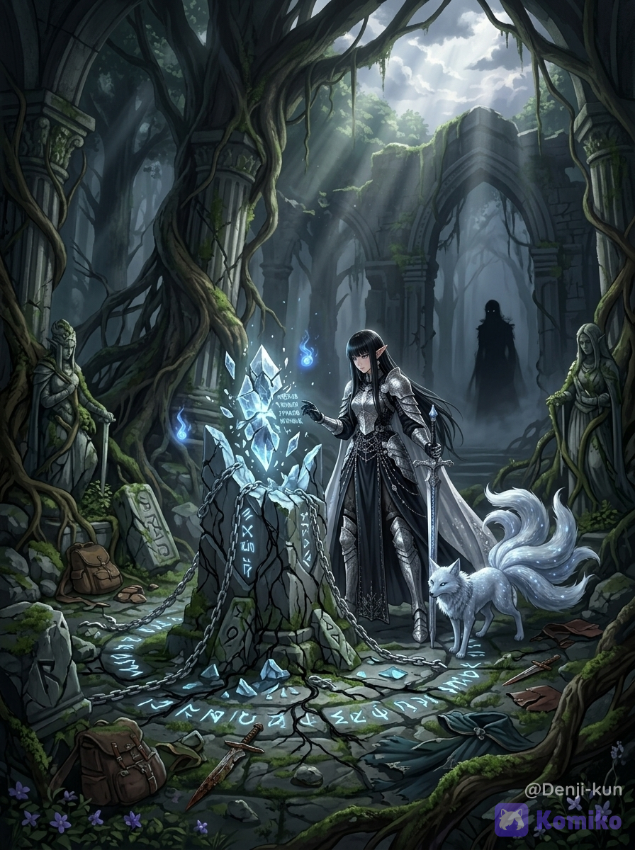 @lyssara-nocthiel-un-nombre-antiguo-entre-los-altos-elfos-de-elarion-asociado-a-las-estrellas-apagadas-y-a-los-juramentos-pronunciados-bajo-la-luna-entre-los-reinos-humanos-es-conocida-como-la-guardiana-de-las-ruinas-plateadas-mientras-que-en-las-canciones-elficas-mas-antiguas-se-la-menciona-como-la-ultima-espada-del-crepusculo-Zbnq, Ultra fantasy anime cinematic fantasy adventure illustration, Scene 4 of Lyssara Nocthiel's journey. Deep within the heart of Eldergloom Forest, Lyssara Nocthiel and her celestial fox companion Aster discover a hidden ancient sanctuary forgotten by history. The scene takes place during late morning beneath a canopy so dense that only scattered rays of sunlight reach the forest floor. Massive roots twist around the ruins of an enormous circular elven temple that has remained untouched for centuries. At the center of the sanctuary stands Lyssara Nocthiel, female High Elf warrior, age 327. Her pale porcelain skin contrasts against her long jet-black hair flowing gently in the forest breeze. Her silver-grey eyes are focused upon a mysterious structure before her. She maintains a cautious posture, one hand gripping Eclipsewarden while the other examines glowing runes carved into an ancient stone altar. Her silver-white moonsteel armor remains highly and immaculate: engraved lunar gorget, celestial pauldrons, polished breastplate covered with ancient elven carvings, black and navy robes embroidered with silver constellations, enchanted chainmail, ornate gauntlets, silver waist chains, moon-themed greaves, and her flowing white cloak decorated with sacred symbols of the Lunar Guardians. Beside her stands Aster, his silver fur illuminated by strange magical light. His glowing blue eyes are locked upon a massive crystal embedded within the altar. His tails are lowered in unease, sensing danger. The sanctuary itself reveals the first major clue. An enormous cracked crystal radiates pale blue energy from the center of the ruined altar. Ancient runes spiral outward across the stone floor, many shattered or corrupted by black veins of unnatural energy. Several broken chains forged from silver and moonsteel lie scattered nearby, suggesting that something powerful was once imprisoned here. Surrounding the altar are ancient statues of forgotten elven guardians, many damaged or toppled. Moss, vines, and roots reclaim the architecture. Strange blue wisps float around the ruins, converging toward the crystal. Scattered among the stones are abandoned backpacks, rusted weapons, torn cloaks, and remnants of belongings belonging to the missing villagers. Hidden within the shadows of a collapsed archway in the distant background stands a tall indistinct silhouette, partially concealed by fog and darkness, silently observing Lyssara's investigation. Epic mystery atmosphere, ancient lost civilization, environmental storytelling, breathtaking fantasy worldbuilding, cinematic composition, dramatic volumetric light rays, haunting magical ambiance, highly ruins, Frieren-inspired adventure aesthetic, Makoto Shinkai inspired lighting, quality, fantasy RPG key visual, ultra textures, emotional storytelling illustration, 8k, .