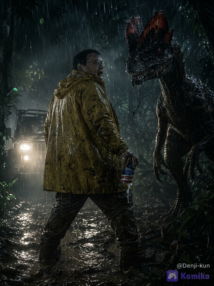 A dark, suspenseful cinematic shot inspired by the Jurassic Park novel, depicting Dennis Nedry's terrifying final moments in the Isla Nublar jungle during a torrential tropical thunderstorm. In the center, Dennis Nedry is viewed from a three-quarter back angle, frozen in sheer panic. Nedry's Appearance and Attire: Physicality: A heavily built, obese man in his late 30s, drenched in sweat and rain, with short, messy dark hair plastered to his forehead. His face is pale with terror, eyes wide and bulging behind thick, rain-streaked plastic-rimmed eyeglasses, and his mouth is agape in a silent scream of horror. Clothing (Top to Bottom): He wears an oversized, heavy yellow rubberized rain poncho with the hood pulled down, covered in thick mud and grime. Underneath, a damp, rumpled light-blue short-sleeved staff button-up shirt with a subtle Jurassic Park corporate logo on the left breast pocket. His khaki trousers are completely soaked, dark with water, and heavily stained with dark jungle mud around the knees and shins. On his feet, he wears chunky, waterlogged dark brown leather work boots with heavy treading, caked in wet earth.Accessories: A highly glowing fluorescent security badge clips to his shirt collar, partially obscured by the poncho. In his trembling, muddy hand, he desperately clutches a silver Barbasol shaving cream can, its red and blue stripes scratched and smeared with dirt, subtly leaking a thick white foam from a hidden seam.The Creature and Interaction: Dilophosaurus: Emerging from the pitch-black shadows of the forest stands a ten-foot-tall Dilophosaurus. Its sleek, wet, dark green and leopard-spotted skin glistens under the rain. The twin crests on its head are vivid red and black. It looks down at Nedry with cold, reptilian, unblinking yellow eyes. Its mouth is slightly open, revealing rows of needle-sharp teeth, dripping with a thick, tar-like black venom.Posture: Nedry is paralyzed, stiffened in fear, one hand raised defensively in a futile gesture. The dinosaur is coiled, balanced perfectly on its powerful hind legs, leaning forward in a predatory, calculated stance just feet away from him.Background and Environment:Setting: A dense, claustrophobic prehistoric jungle environment at midnight. Looming, massive trunked trees and giant wet ferns surround the scene, creating a natural cage.Elements: A torrential downpour with heavy, visible rain streaks cutting through the air. The ground is a treacherous swamp of deep mud, rotting leaves, and swirling puddles reflecting the dim light. In the background, the faint, unadjusted headlights of a stalled Jeep Sahara cast a stark, geometric beam of light through the heavy mist and rain, silhouetting the horror.Lighting and Animation Style:Lighting: High-contrast chiaroscuro lighting. Dramatic, sharp volumetric light from the Jeep's headlights pierces the darkness, catching the falling rain and creating deep, pitch-black shadows. A faint, eerie green bioluminescent glow reflects off the jungle foliage.Style: A gritty, hyper-realistic cinematic style with a dark, survival-horror graphic novel aesthetic. Ultra-textures on the wet fabric, scaly dinosaur skin, and muddy ground. The color palette is dominated by muted dark greens, deep blacks, and earthy browns, contrasted sharply by the artificial yellow of the poncho and the piercing white of the headlights., 1000064211