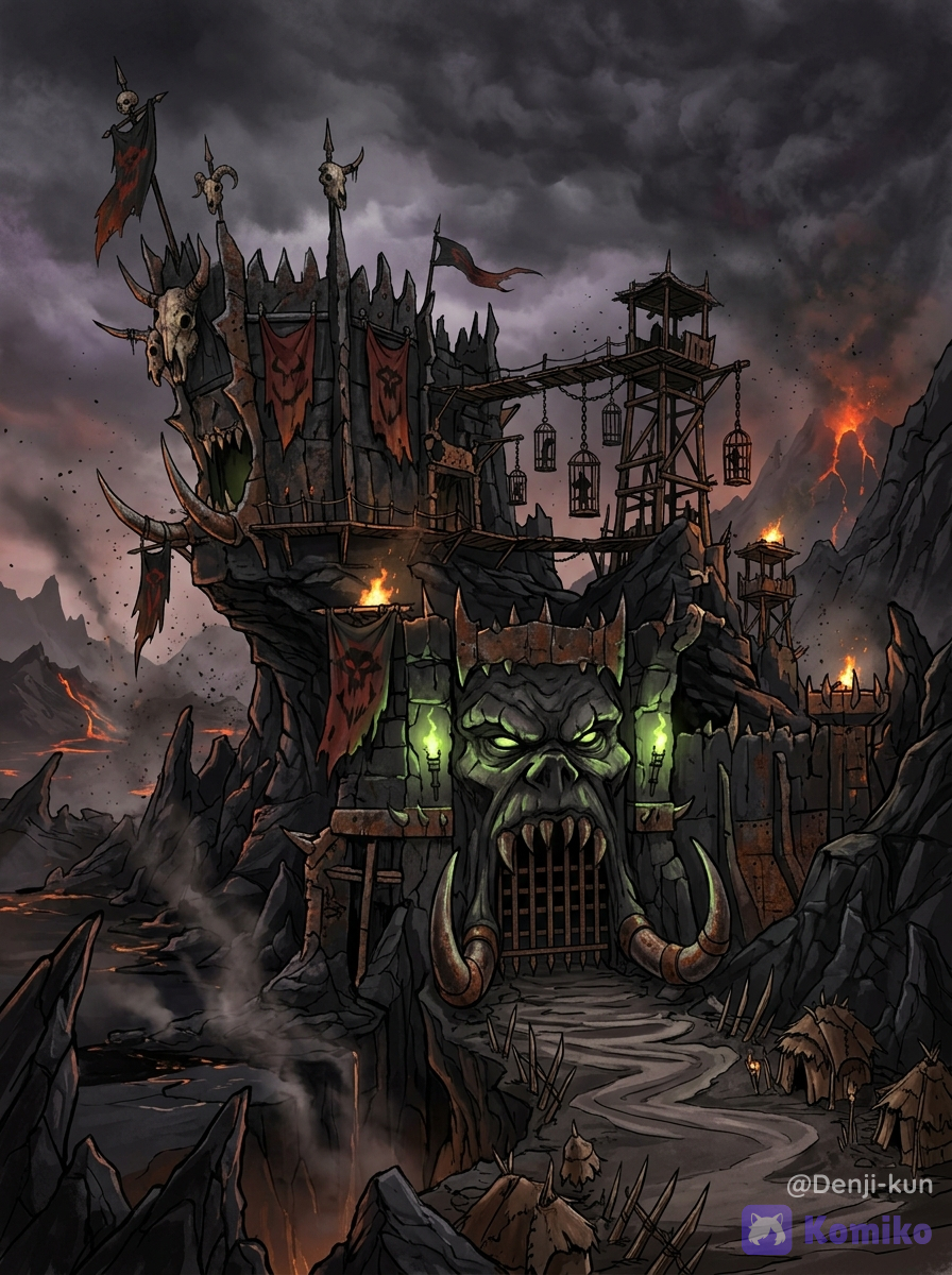 The Orc Fortress Prompt: Subject & Architectural Attire (From Top to Bottom):An imposing, crude, and perilous Orc fortress inspired by the dark universe of Middle-earth, radiating death and the lethal danger of absolute darkness.The Summit & Rooflines: At the very top, jagged, uneven battlements resembling broken, rotten teeth pierce the ash-filled sky. Sharp iron spikes and obsidian spires crown the towers, impaling decaying skulls and tattered, blood-stained war banners.The Upper Walls & Sentry Posts: Crudely forged iron scaffolding and rickety wooden watchtowers cling to the sheer rock face. Heavy, rust-colored iron chains swing violently in the wind, holding cages filled with skeletal remains.The Main Structure & Facade: The walls are built from massive, unpolished, charcoal-black volcanic stones, unevenly stacked and held together by dried, dark mortar mixed with ash. Deep, jagged cracks trace the surface like scars, oozing thick, black tar.The Gate & Base Entrance: At the absolute bottom, a colossal, terrifying gate made of blackened, reinforced iron plates, heavily dented and scratched from battle. The gate is shaped like a roaring, monstrous maw, adorned with massive, rusted iron tusks. A dark, bottomless chasm surrounds the base, spanned by a narrow, treacherous stone bridge slick with black ice.Ultra-Architectural Accessories & Colors:Colors: A morbid and oppressive color palette dominated by charcoal black, burnt umber, rusted crimson, dried blood red, and sickly sulfur yellow.Physical Accessories: Heavy spiked iron reinforcement brackets bolted into the stone blocks. Grim trophies of death hang everywhere: necklaces of large bones wrapped around the pillars, rusted iron lanterns flickering with dying, sickly green flames, and sharp, jagged obsidian shards embedded into the walls to prevent climbers.Stance, Posture & Facial Expression of the Fortress (Anthropomorphic Personification):Posture: The fortress has an aggressive, looming, and hostile stance, leaning forward over the landscape like a massive predator about to strike. It feels heavy, brutal, and unyielding.Facial Expression (The Gatehouse): The main gatehouse possesses a terrifying, malevolent facial expression. The narrow arrow-slits form a hateful, glaring scowl, while the jagged iron portcullis looks like razor-sharp teeth ready to crush anyone who enters.Background & Environment:Set against the dreaded landscape of Mordor. A suffocating, pitch-black sky choked with swirling volcanic ash clouds and toxic sulfur smoke. In the distance, rivers of glowing, jagged magma cut through the cracked, dead earth, casting an eerie, dangerous glow upon the jagged mountain peaks surrounding the stronghold.Animation, Style & Lighting:Art Style: Dark fantasy realism, gritty cinematic concept art, heavily textures, inspired by John Howe and Alan Lee's Middle-earth illustrations.Lighting: Chiaroscuro lighting with extreme contrast. Low-key, moody, and atmospheric illumination. The fortress is enveloped in thick, dangerous shadows, pierced only by the harsh, fiery orange under-glow of distant lava and the sickly, faint green light of chemical torches.