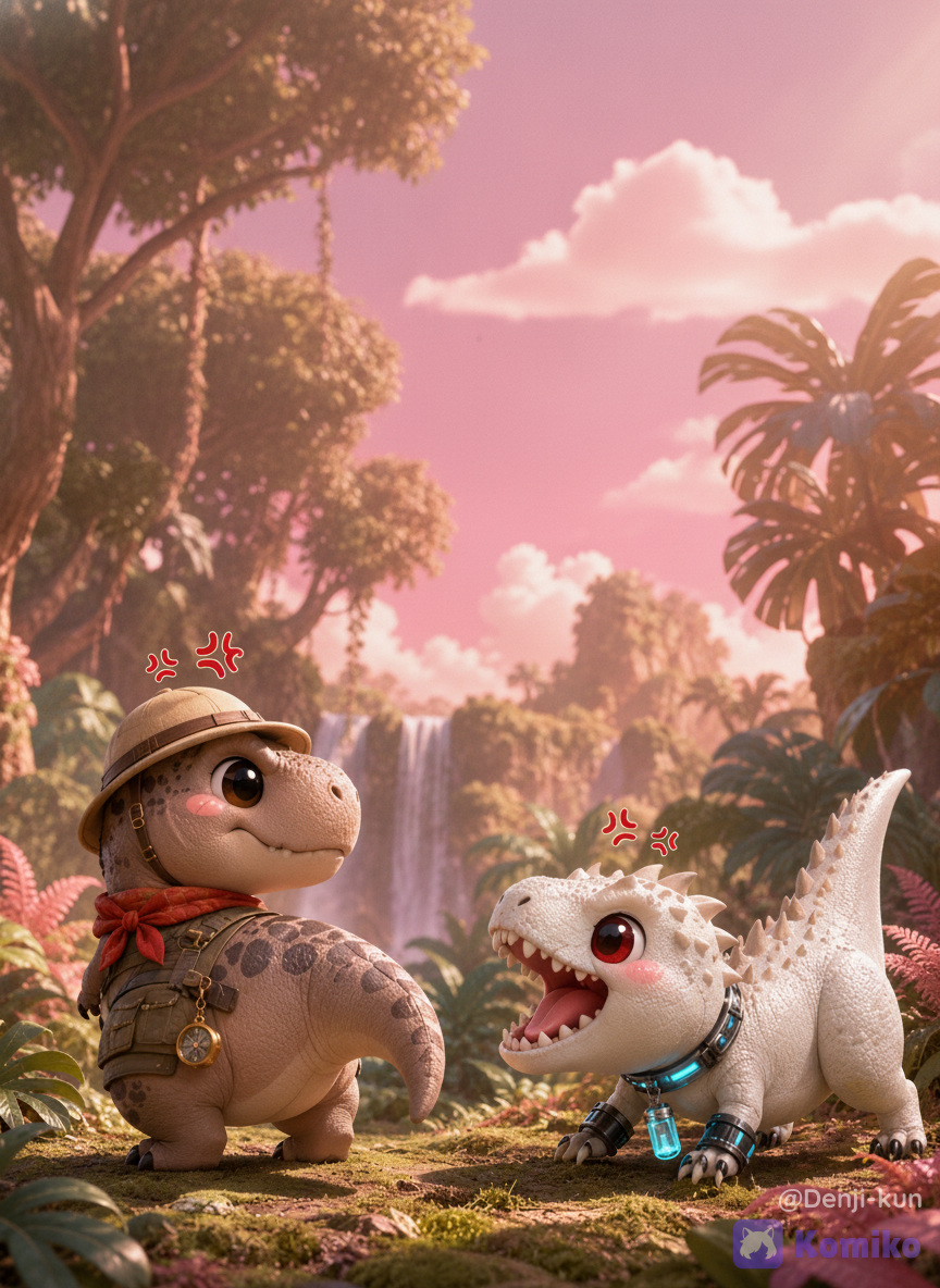 A high-definition 3D digital illustration in an adorable Chibi anime style, featuring two cute chibi-sized dinosaurs from the Jurassic World universe, a miniature Tyrannosaurus Rex and a miniature Indominus Rex, facing each other in a stylized prehistoric natural habitat.Chibi Tyrannosaurus Rex (Left):Physical Appearance: Large rounded head, huge expressive black glossy eyes with tiny pink blush marks on chubby cheeks, tiny stubby arms, and a plump, short body with a thick curved tail. The skin is a soft pastel brownish-grey tone with smooth, rounded dark grey camouflage spots running down its back.Outfit & Accessories: Wearing a tiny, highly-explorer’s outfit. On its head sits a miniature khaki safari pith helmet with a small brown leather chin strap. Around its neck is a neatly knotted vibrant red scout bandana made of fabric texture. It wears a miniature utility tactical vest in olive green, complete with microscopic plastic buckles, tiny silver zippers, and small pouches. From one pouch, a microscopic golden vintage compass hangs on a thin silver chain.Chibi Indominus Rex (Right):Physical Appearance: Chubby white-dinosaur body with soft, rounded spikes running down its spine and tail. It has large, glossy crimson-red eyes with matching pink blush markings on its cheeks. Its mouth is wide open in a cute, non-threatening chibi roar, showing tiny, blunt pearly-white teeth.Outfit & Accessories: Adorned in a high-tech miniature containment unit outfit. It wears a futuristic sleek neon-cyan glowing collar around its neck with intricate metallic silver paneling. Attached to the collar is a microscopic transparent glass bio-tracker vial filled with a glowing blue liquid. On its tiny front claws, it wears small, fingerless tactical gauntlets made of dark carbon-fiber texture with tiny glowing blue trim lines.Pose & Expression:The T-Rex stands upright on its plump legs, looking back over its shoulder with an annoyed but cute facial expression, featuring red angry cross veins popping above its head. The Indominus Rex is low to the ground in a playful, aggressive pouncing stance, roaring eagerly with identical red anger veins floating near its brow.Background Environment:A beautiful, colorful prehistoric jungle scene that matches their pastel color palette. The floor is covered in soft green moss and scattered with giant, oversized tropical monstera leaves and pink prehistoric ferns. In the background, soft-focus giant ancient trees and a gentle cascading waterfall create depth. Fluffy white clouds drift across a warm, pastel-pink gradient sky.Animation Style & Lighting:Cinematic chibi 3D render style reminiscent of modern high-end animated films. The lighting is soft, warm, and volumetric, with gentle sun rays filtering through the canopy, casting soft shadows on the ground. High-detail textures on the fabric, skin, and metallic accessories, using vibrant but soft pastel colors, clean lines, and an overall cozy, cute, and cinematic aesthetic. --ar 4:3 --v 6.0, [glossy-chibi-style], 1000064585