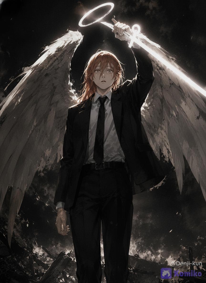 @Angel_Devil_(Chainsaw_Man), 1000065041
Chainsaw Man style anime illustration, cinematic composition. A full-body shot of the Angel Devil. He has long, silky, soft auburn hair cascading down past his shoulders, slightly messy with delicate strands framing his slender, androgenous, and youthful face. His eyes are large, wide, expressive, and filled with a mixture of melancholy and quiet shock. His expression is one of vulnerable surprise, with lips parted slightly. Above his head floats a bright, glowing, minimalistic white halo. Emerging from his back are large, majestic, feathered angel wings spread wide, rendered in soft greyscale tones with dynamic, visible brushstrokes.Attire and Accessories Details (Top to Bottom): He wears the classic Tokyo Public Safety Devil Hunters uniform. A pristine white dress shirt with a neat collar, completely buttoned up. Tied around his neck is a solid black, slim necktie that hangs straight down the center of his chest. Over the shirt, a tailored, sleek black suit jacket sits squarely on his shoulders, slightly open to reveal the shirt and tie. Around his waist is a simple black leather belt with a subtle, metallic silver buckle. He wears matching tailored black suit trousers that fit his slender frame perfectly, ending at his ankles. In his raised left hand, he firmly grips a mystical, glowing white sword with a distinct ankh-shaped crossguard, the blade emitting a brilliant, radiant light that illuminates his hand and arm.Pose and Lighting: His body is angled slightly forward, with his left arm raised high above his head to brandish the glowing sword, creating a powerful vertical dynamic. The primary light source is the intense, brilliant white glow emanating from the sword and the halo, casting stark, high-contrast highlights on his face, hair, and the top surfaces of his suit and wings. Deep, dramatic shadows fall across his torso and background, creating an intense chiaroscuro effect.Background and Atmosphere: The background is dark, moody, and atmospheric, filled with abstract smoky textures, dark dust particles, and deep vignettes that match the grim and supernatural universe of Chainsaw Man. The overall color palette is a moody monochrome black and white, accented by the blindingly pure white light of his angelic traits. High-end anime aesthetic, crisp details, emotional depth, dark fantasy tone, resolution.